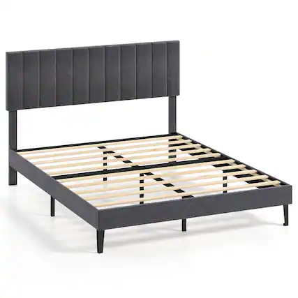 Front. Costway - Costway Queen Size Bed Frame with Height Adjustable Vertical Channel Headboard, Noise Free - Gray.