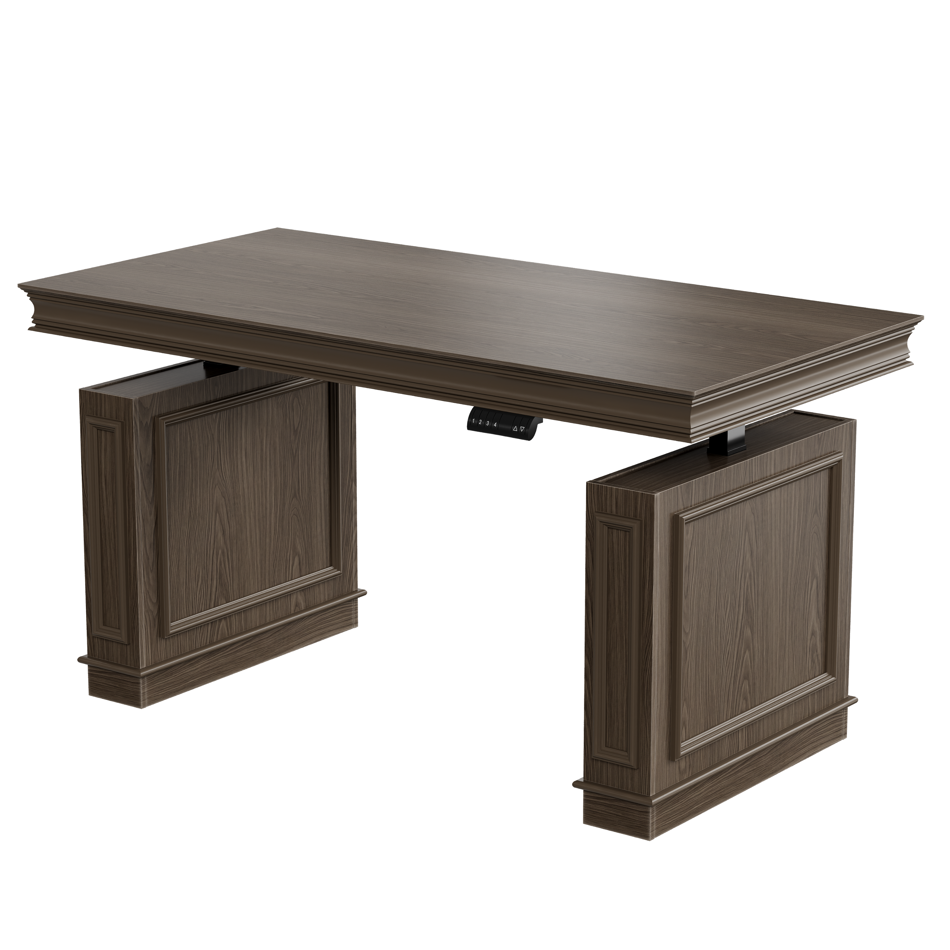 Angle. Famapy - Electric Standing Desk with Side Cabinets, Heavy-Duty Height Adjustable Home Office Workstation with 4 Memory Presets - Dark Walnut.