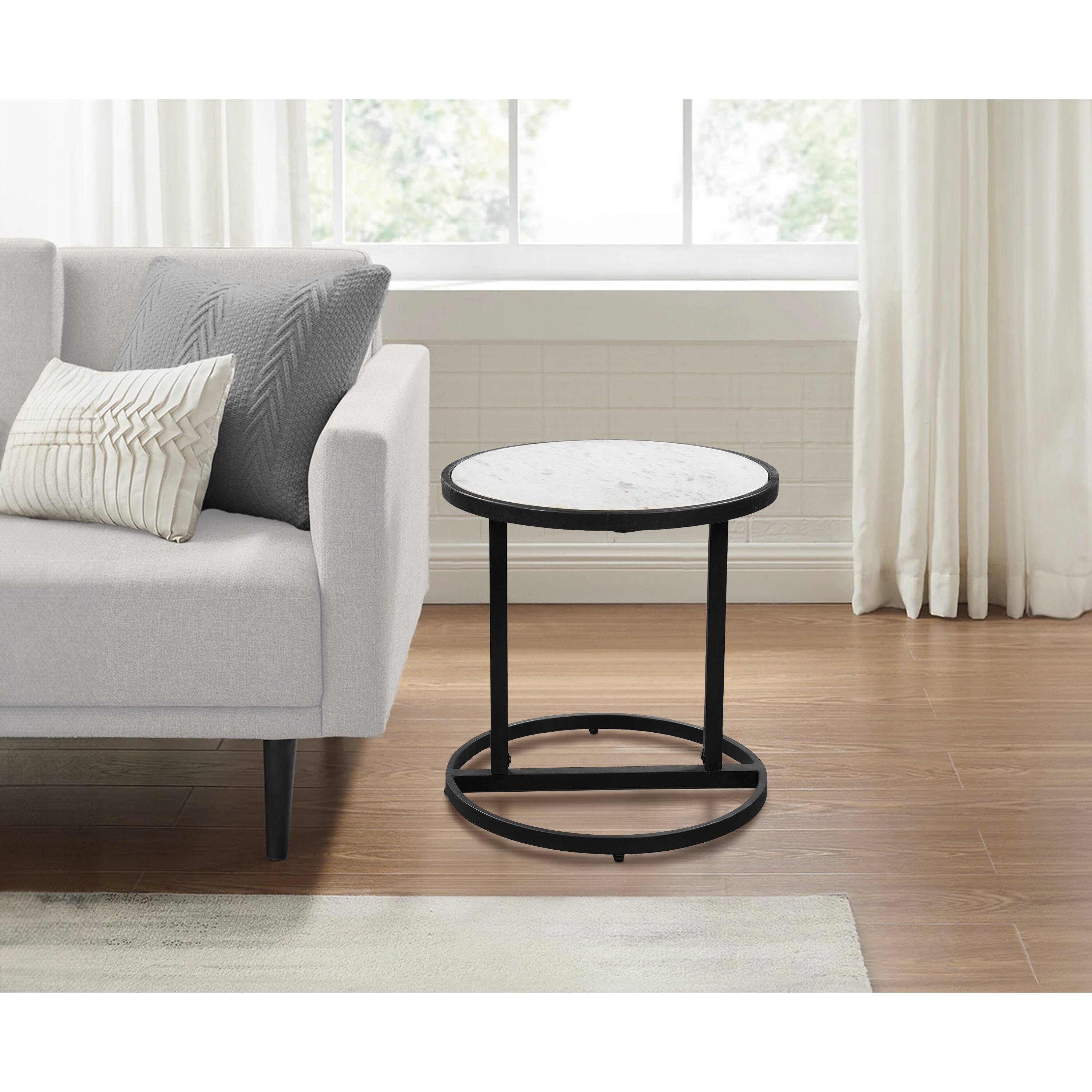 Alt View 9. Manhattan Lane - Beri 18 Inch Side End Table, Round White Natural Marble Top, Classic Slim Black Iron Frame - Black, White.