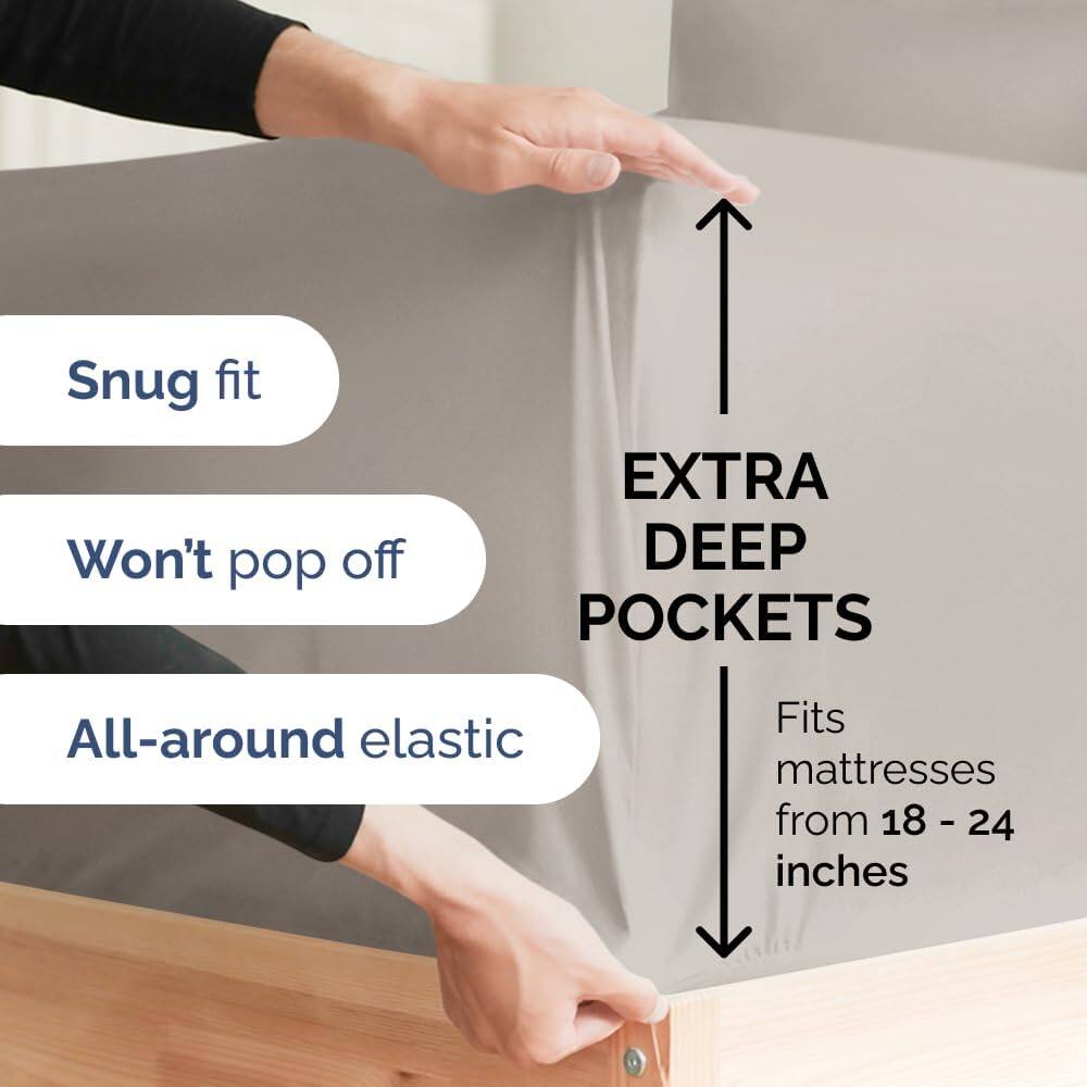 Snug fit  
Won't pop off  
EXTRA DEEP POCKETS  
All-around elastic  
Fits mattresses from 18 - 24 inches