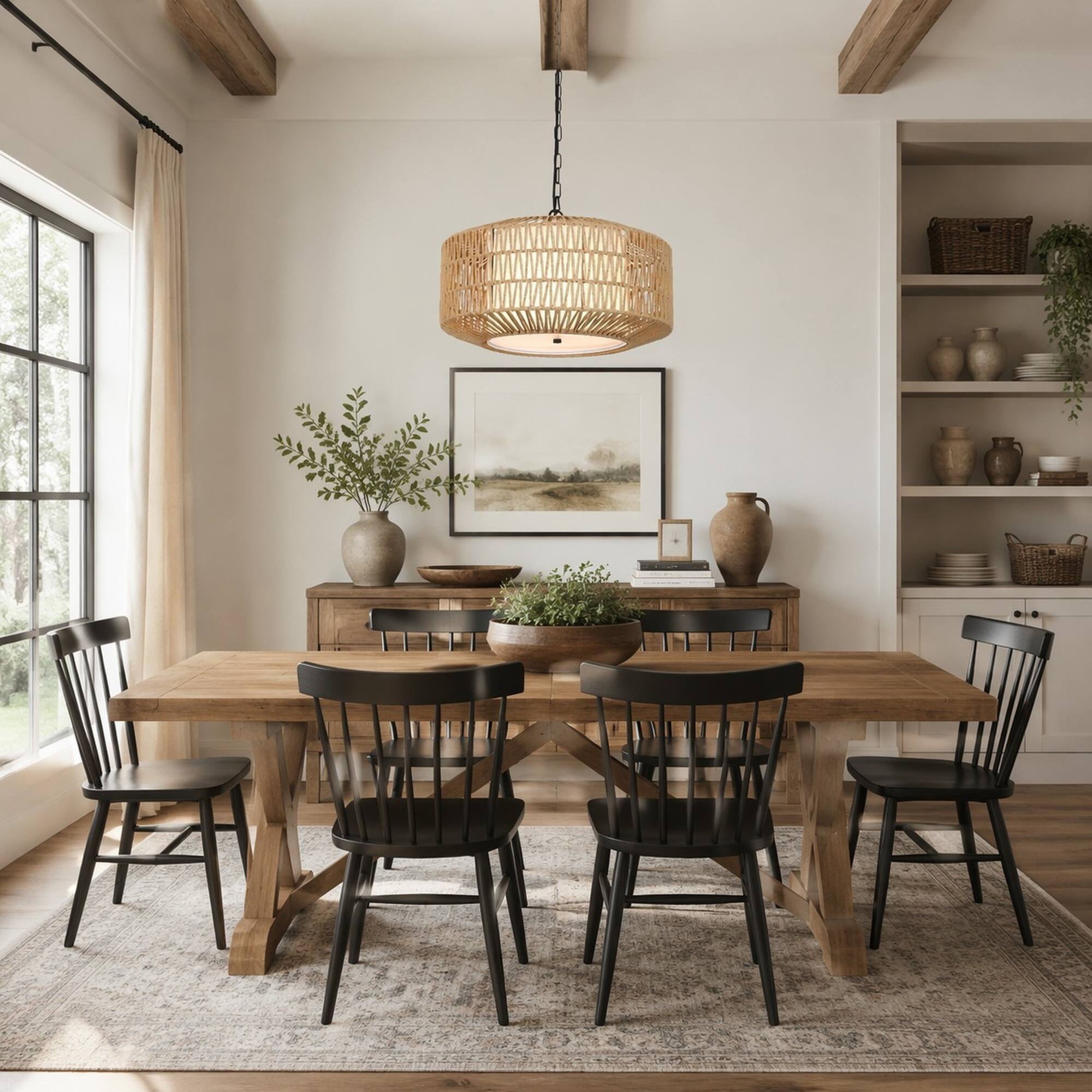Left. RYHNUYNE - 4-Light Boho Rattan Chandelier,Farmhouse Pendant Light Fixture with Fabric Shade for Dining Room Kitchen - Brown.