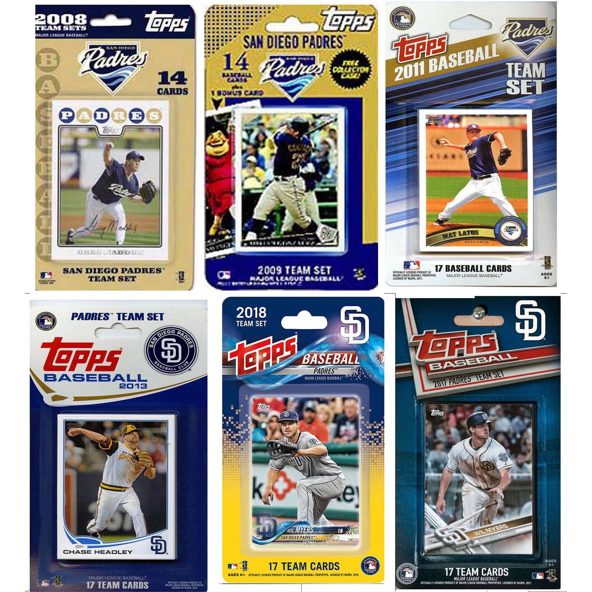 2008 Topps Team Sets  
San Diego Padres  
14 Cards  

2009 Topps Padres  
San Diego Padres  
Team Set  

2011 Topps Baseball  
San Diego Padres  
Team Set  

2013 Topps Baseball  
San Diego Padres  
Team Set  

2017 Topps Baseball  
San Diego Padres  
Team Set  

2018 Topps Baseball  
San Diego Padres  
Team Set  

Chase Headley  
San Diego Padres  
17 Team Cards  

Will Myers  
San Diego Padres  
17 Team Cards  

Matt Latos  
San Diego Padres  
17 Baseball Cards  

San Diego Padres  
Team Set  
17 Team Cards  

San Diego Padres  
Team Set  
17 Team Cards  

San Diego Padres  
Team Set  
17 Team Cards