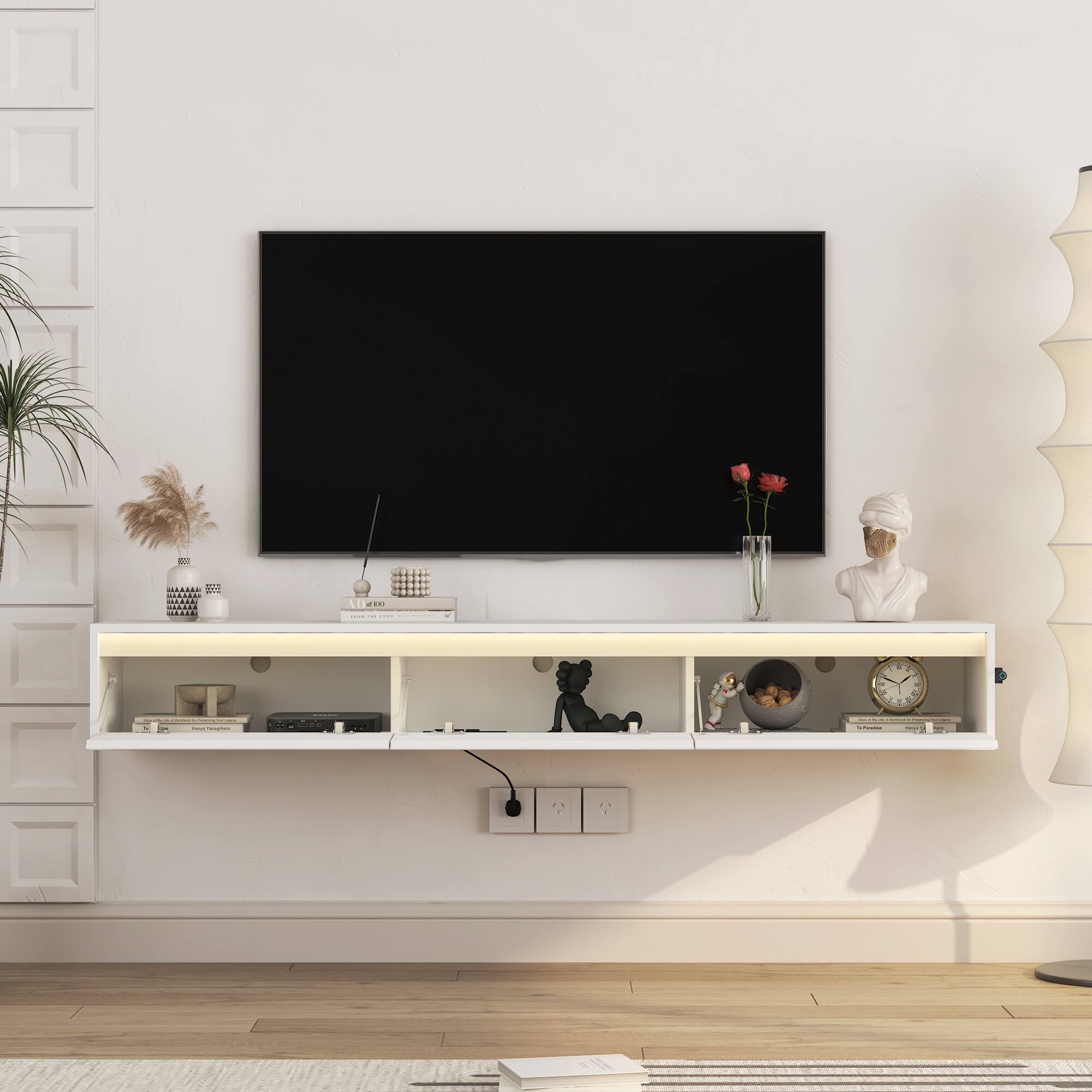 Left. APRILSOUL - Floating TV Stand Wall Mounted TV Shelf with Led Lights and Power Outlet High Gloss TV Cabinet for TV Stands - White.