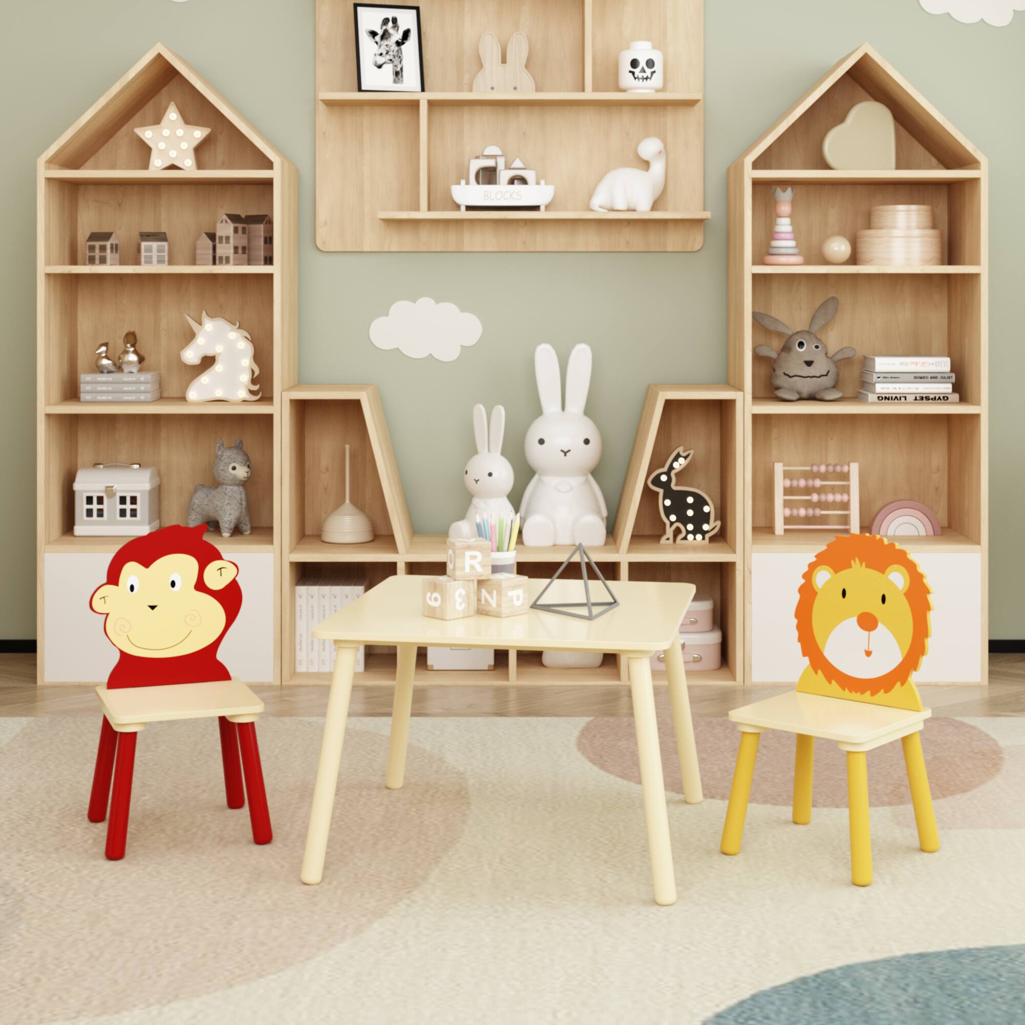 Alt View 1. Tiramisubest - Kids Table and 2 Chairs Set, 3 Pieces Toddler Table and Chair Set, Wooden Activity Play Table Set (Lion & Monkey) - Natural.