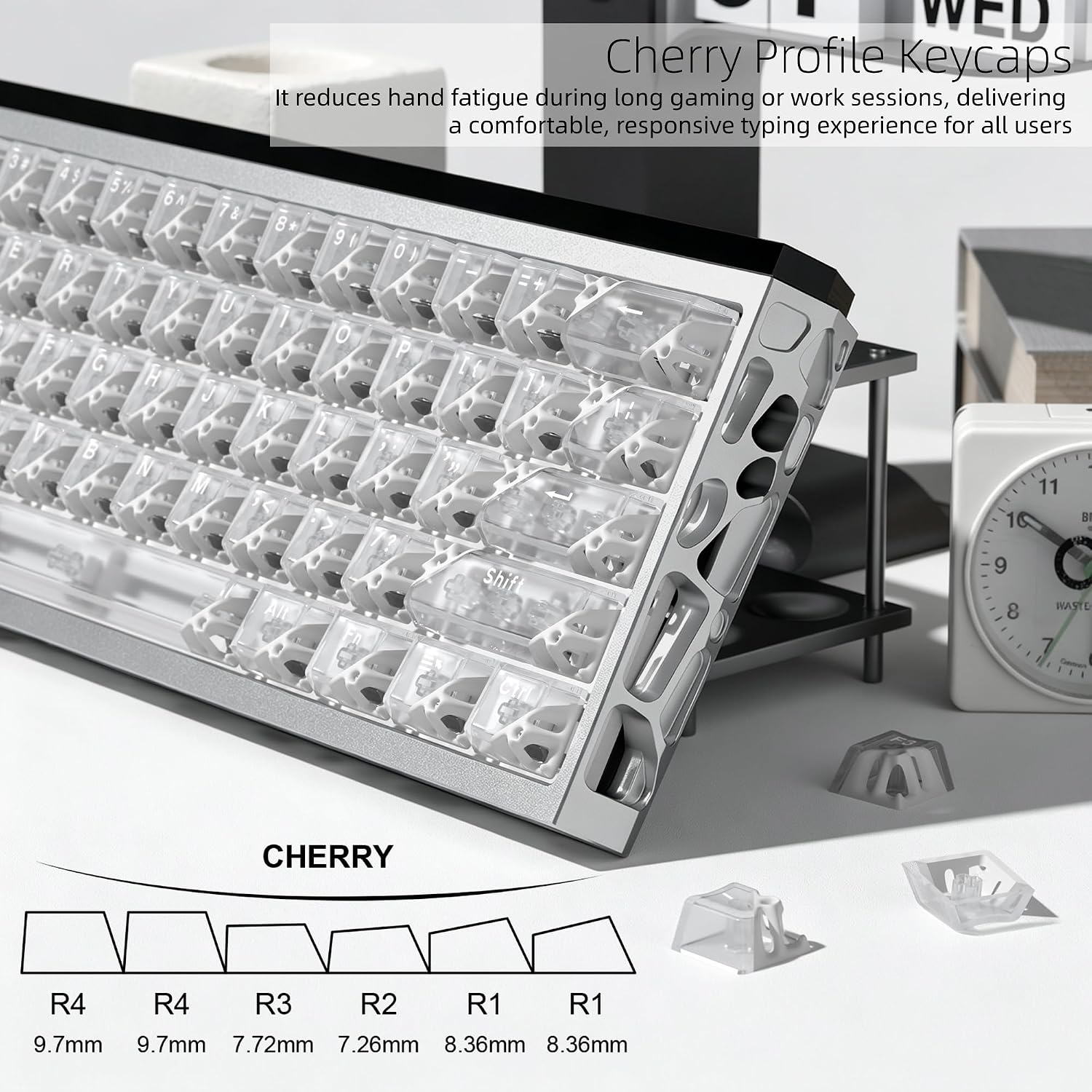 Cherry Profile Keycaps

It reduces hand fatigue during long gaming or work sessions, delivering a comfortable, responsive typing experience for all users

10
11
B I
Shift
9 8
WASTE 7

CHERRY
R4 R4 R3 R2 R1 R1
9.7mm 9.7mm 7.72mm 7.26mm 8.36mm 8.36mm