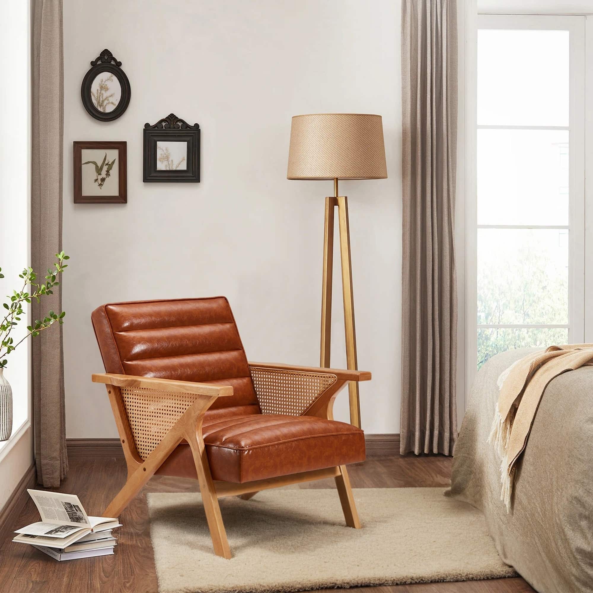 U-HOMY - Rattan Accent Armchair with PU Cushion ,Mid Century Modern Lounge Chair with Solid Wood Frame for Living Room & Balcony - Brown