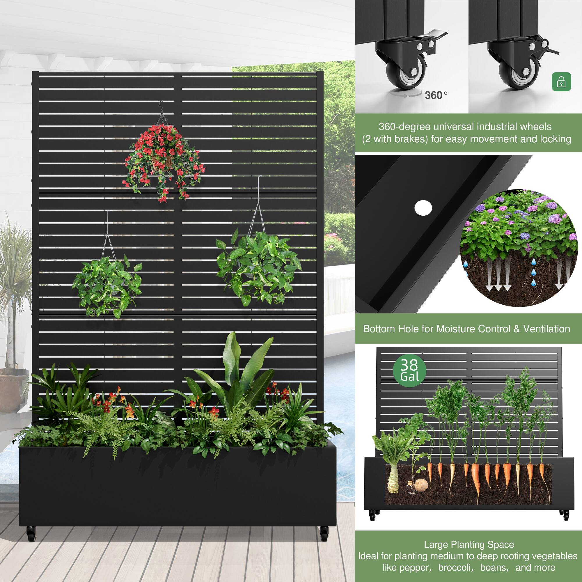 360-degree universal industrial wheels (2 with brakes) for easy movement and locking

Bottom Hole for Moisture Control & Ventilation

38 Gal

Large Planting Space
Ideal for planting medium to deep rooting vegetables like pepper, broccoli, beans, and more