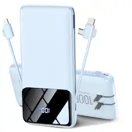 Trigiz - 10000mAh Portable Charger with AC Wall Plug & Built-in Cable, 15W Fast Charging Slim USB C Battery Pack - Blue