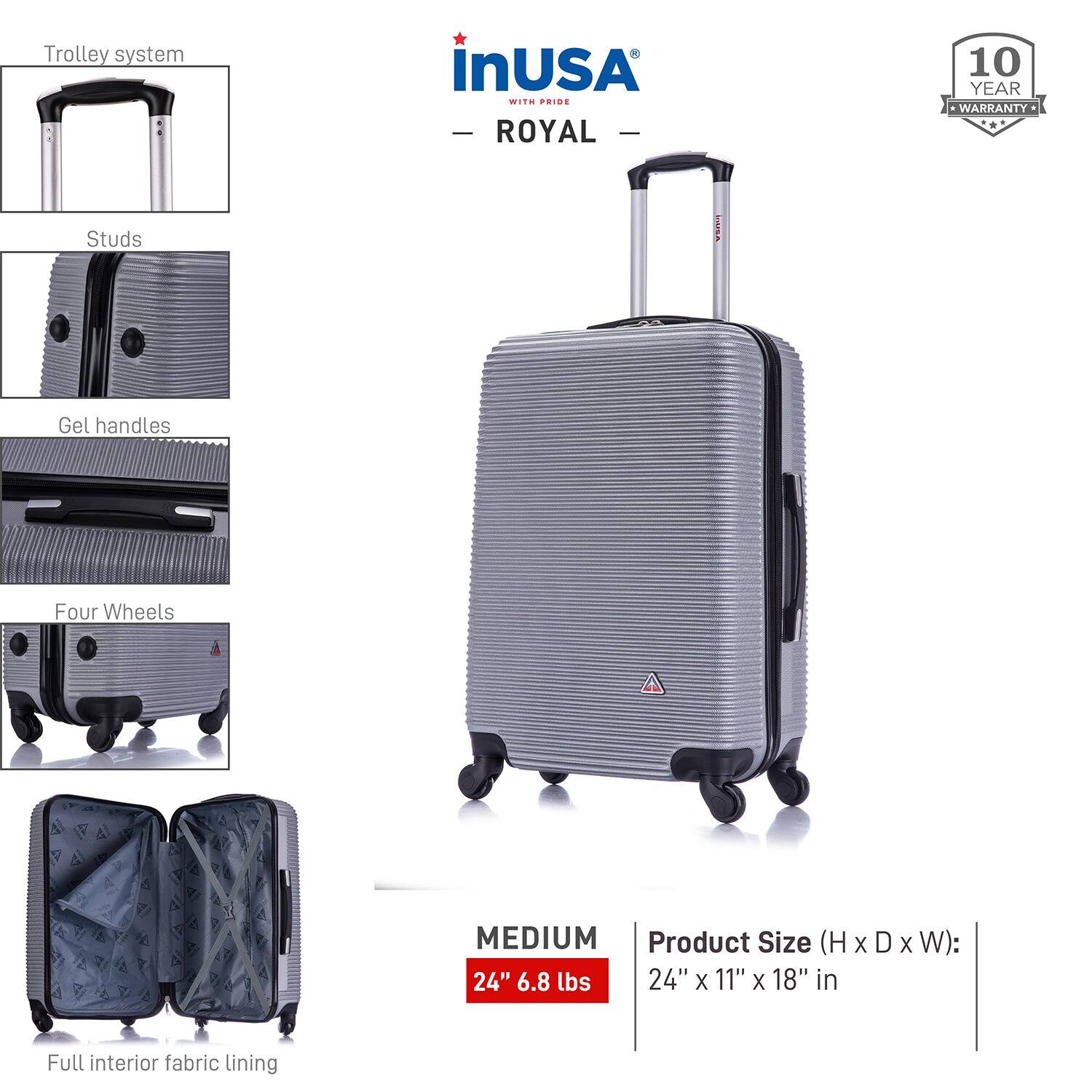 - **Trolley system**
- **Studs**
- **Gel handles**
- **Four Wheels**
- **Full interior fabric lining**

**inUSA**  
**ROYAL**

**MEDIUM**  
24" 6.8 lbs

**Product Size (H x D x W):**  
24" x 11" x 18" in

**10 YEAR WARRANTY**