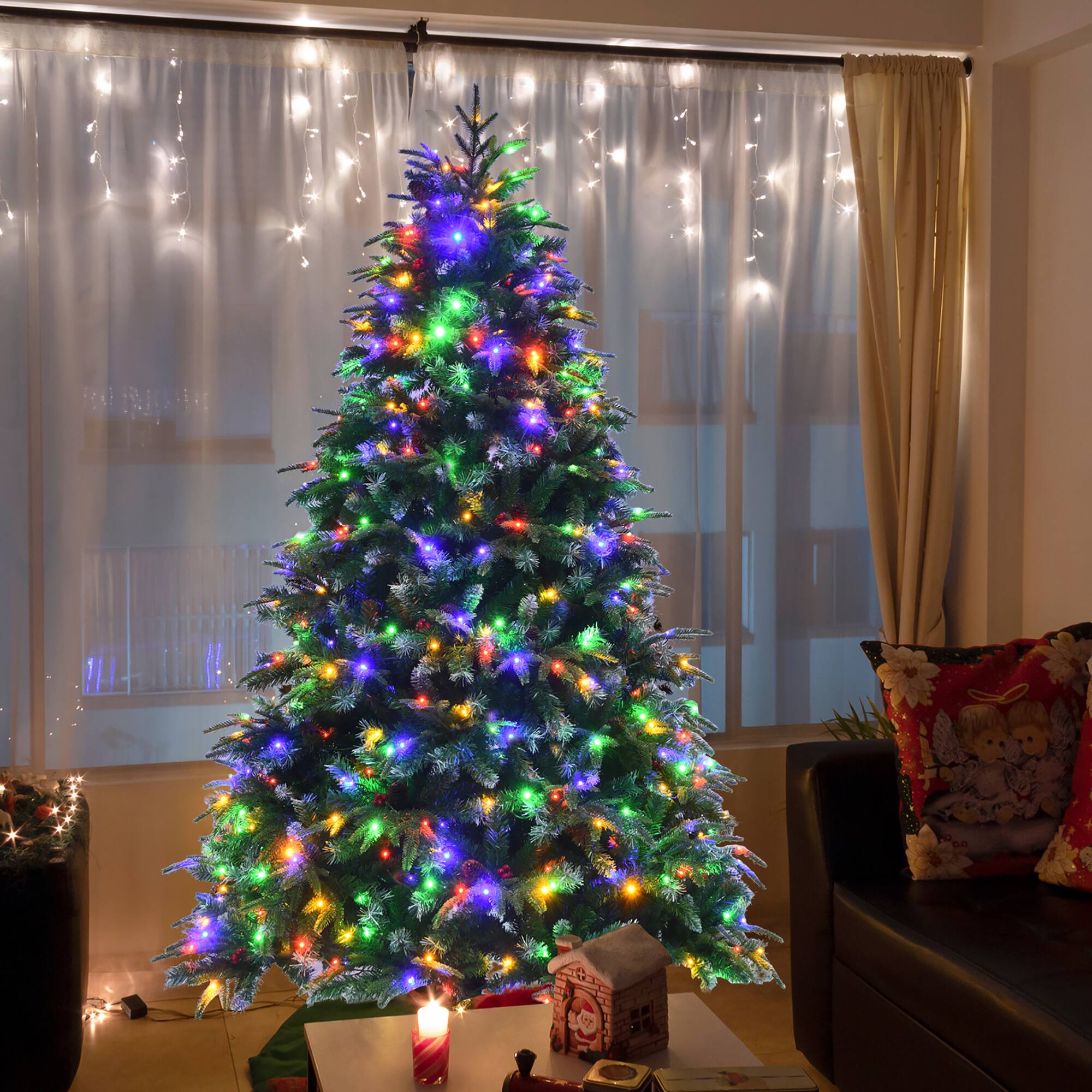 Alt View 14. Costway - 7ft Pre-Lit Snowy Christmas Hinged Tree 11 Flash Modes w/ 450 Multi-Color Lights - Green/White.