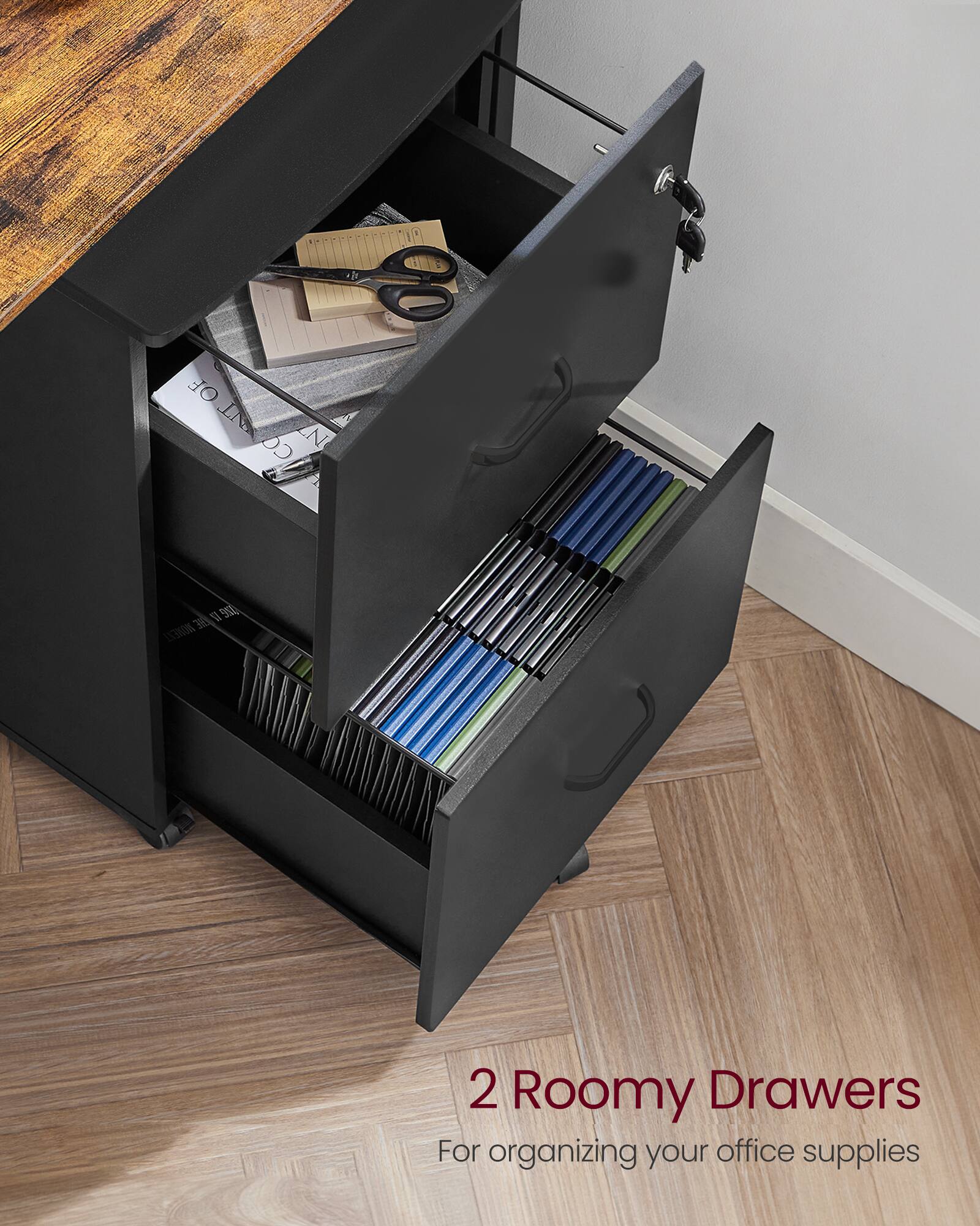 2 Roomy Drawers  
For organizing your office supplies