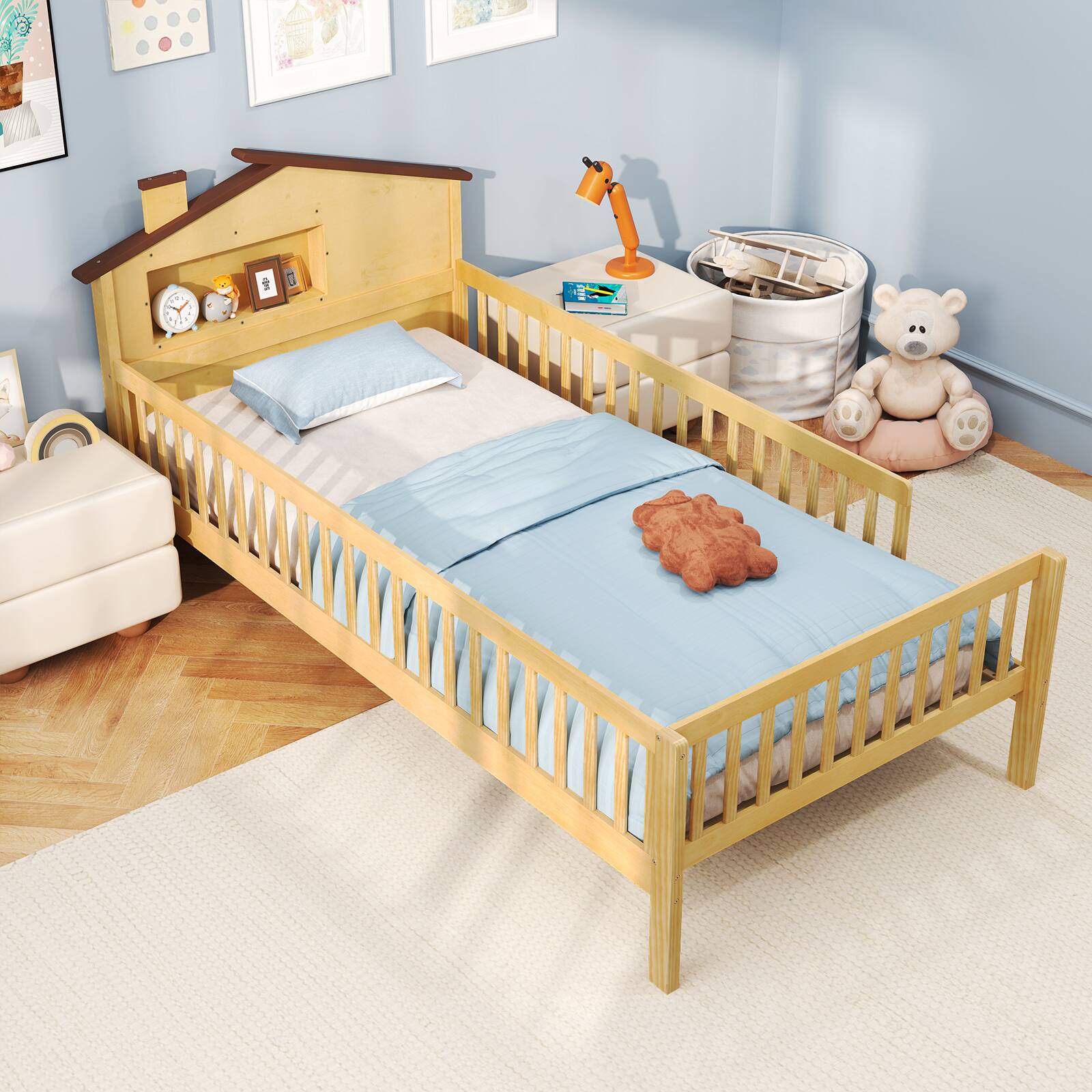 Alt View 9. Gymax - Gymax Twin Size Kids Bed Solid Wood Platform Bed w/ Under-bed Storage & Storage Cube Natural - Natural.