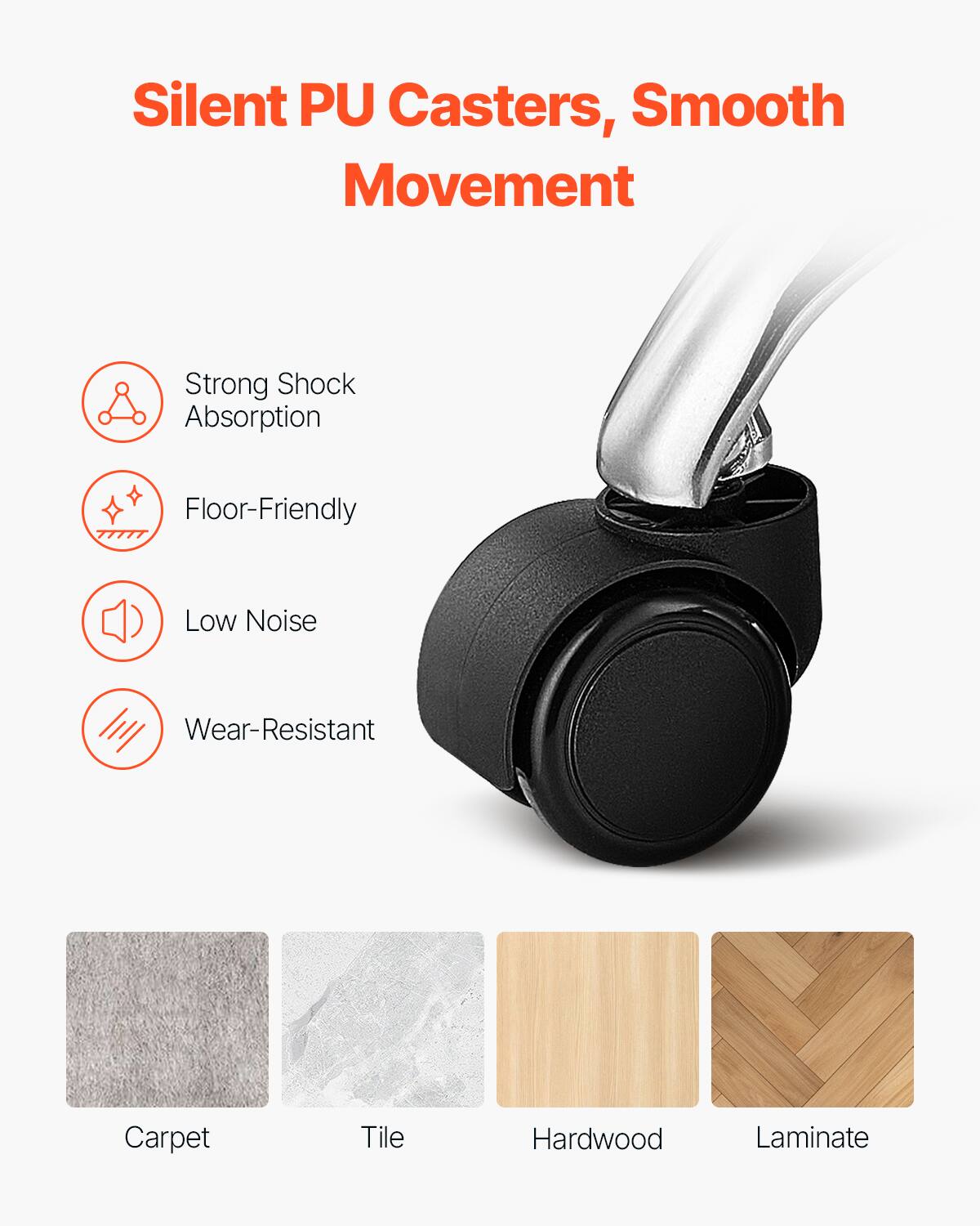 Silent PU Casters, Smooth Movement
Strong Shock Absorption
Floor-Friendly
Low Noise
Wear-Resistant
Carpet
Tile
Hardwood
Laminate