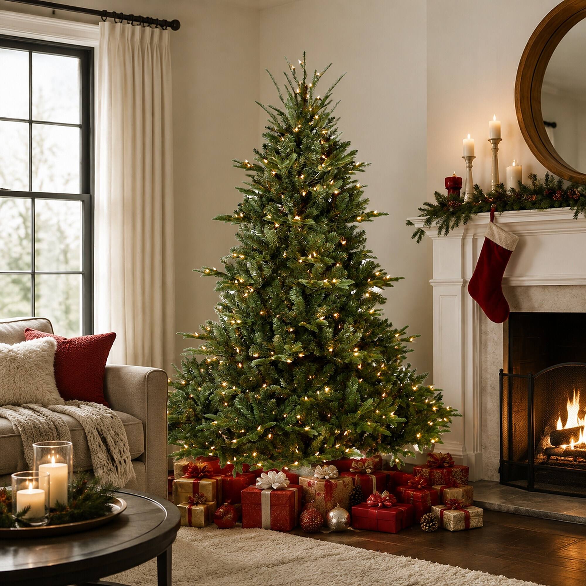 Angle. RYHNUYNE - 5FT Full-Shape Pre-Lit Christmas Tree, 350 Lights 1129 Tips PE/PVC Mixed Branches Wide Base Stable Metal Stand - Green.