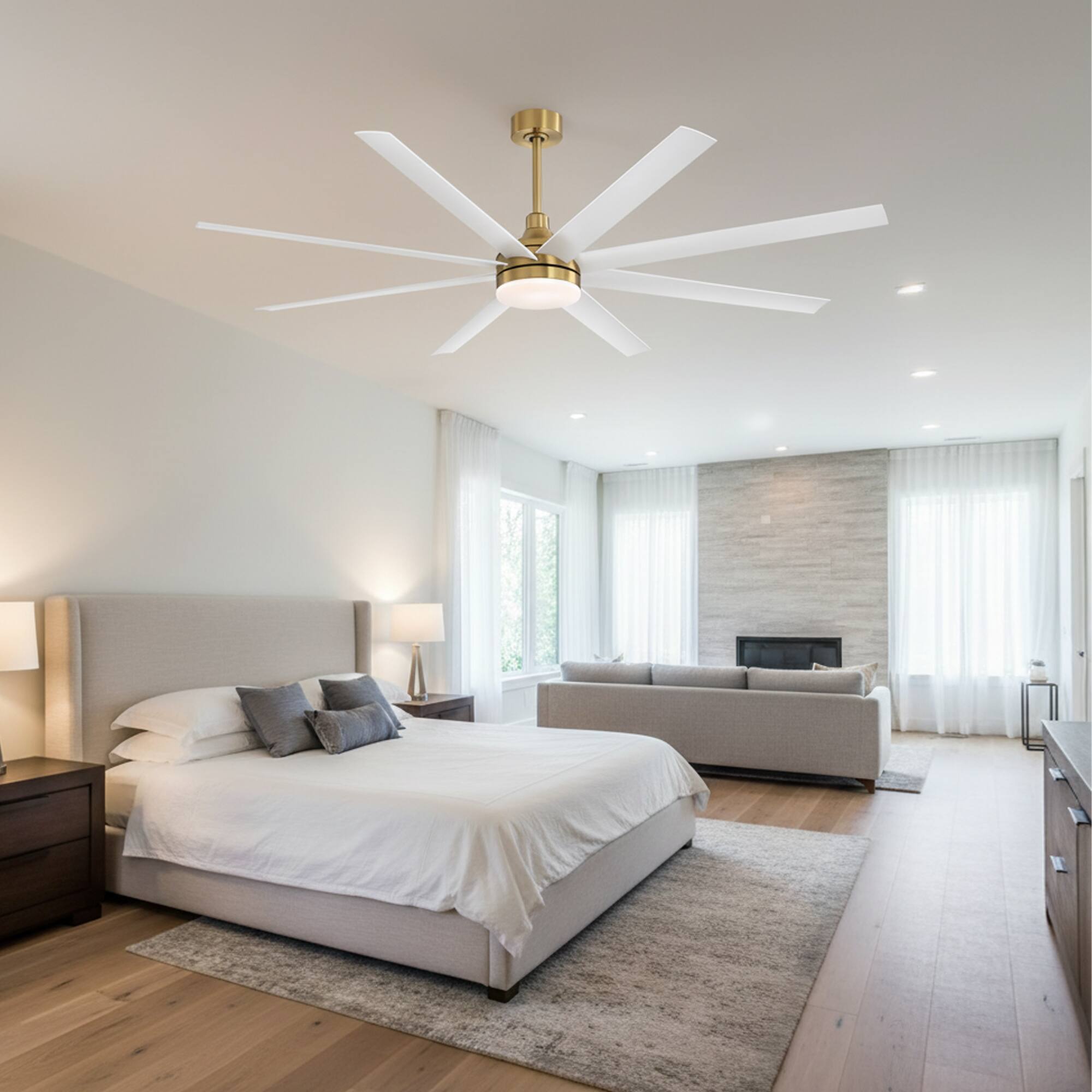 Left. Breezary - 72-Inch Sleek LED Ceiling Fan with 8 ABS Blades, 3-Color Light, DC Motor, 6-Speed Remote & Timer - 72-inch white and gold.