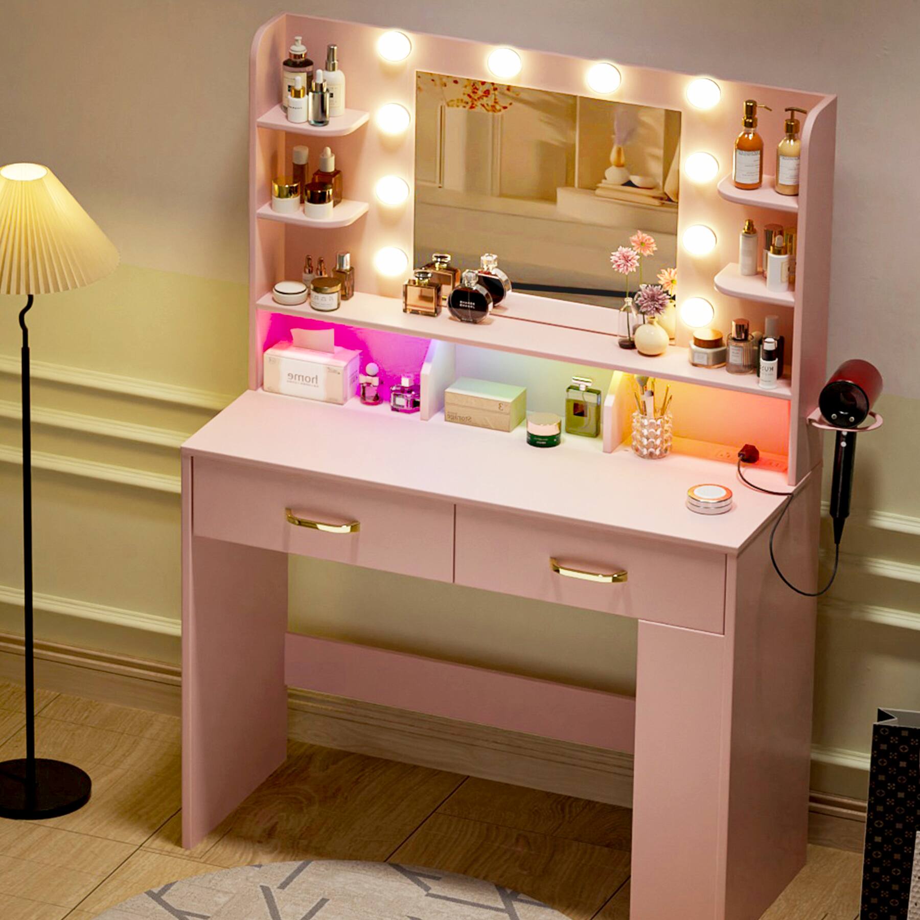 Angle. CloudRest Pro - Vanity Desk with Power Outlet Vanity Table RGB LED Lights Makeup Vanity Set,Pink - Pink.