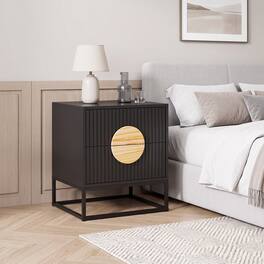 WELLFOR - Mid-Century Modern Fluted Nightstand with 2 Drawers and Pine Wood Handles - Black