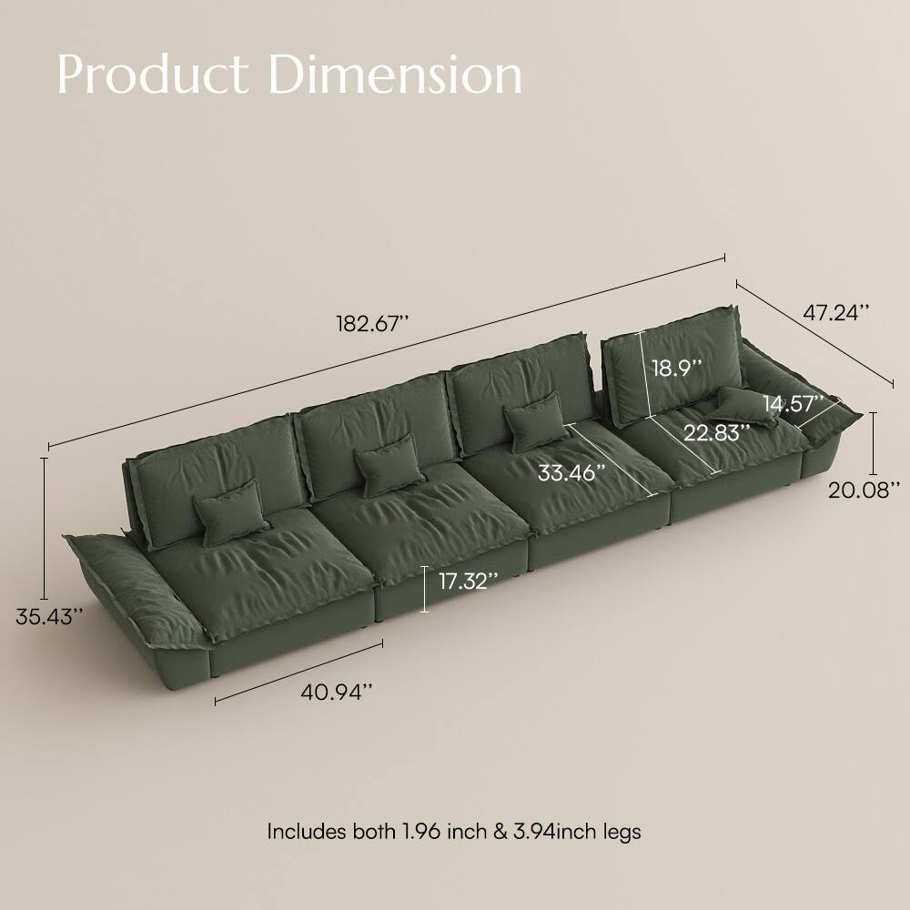 Product Dimension

182.67"
47.24"
18.9"
14.57"
22.83"
33.46"
20.08"
17.32"
35.43"
40.94"

Includes both 1.96 inch & 3.94 inch legs