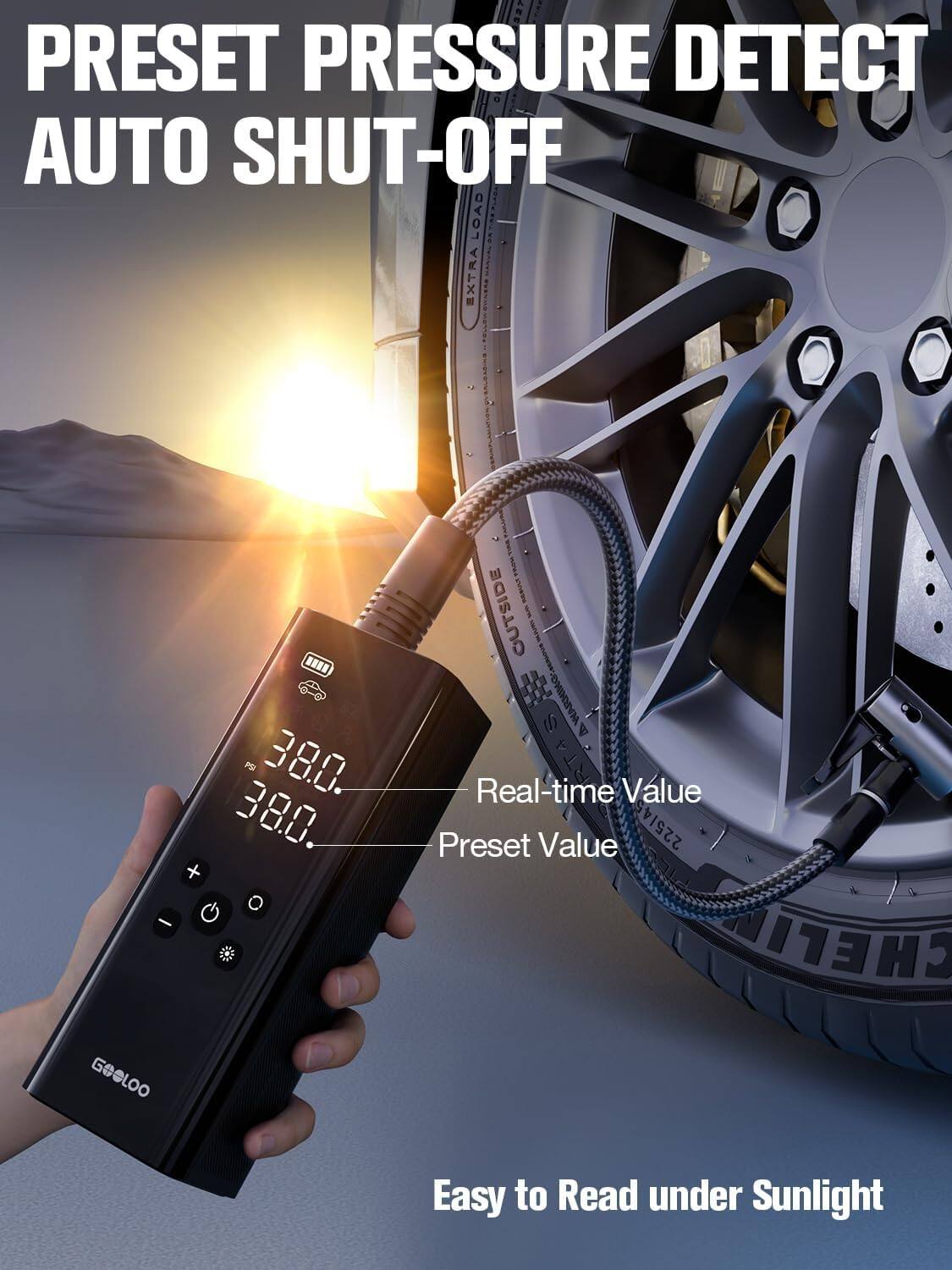 PRESET PRESSURE DETECT AUTO SHUT-OFF

FE 388.380. + G O - IEN OUTSIDE I I WRHIMO

A RTAS Value

Real-time Preset Value 225/45

CHELI GOOLOO

Easy to Read under Sunlight