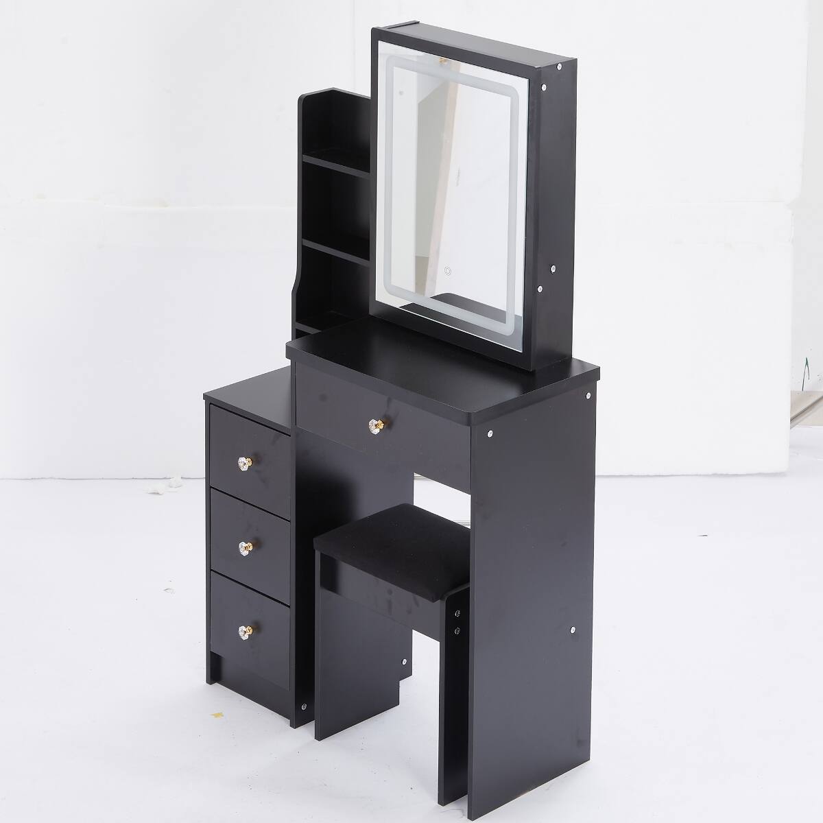 Alt View 1. Loheer - Loheer Small Space Makeup Vanity Table with Stool, Black MDF, LED Mirror and Storage - Black.