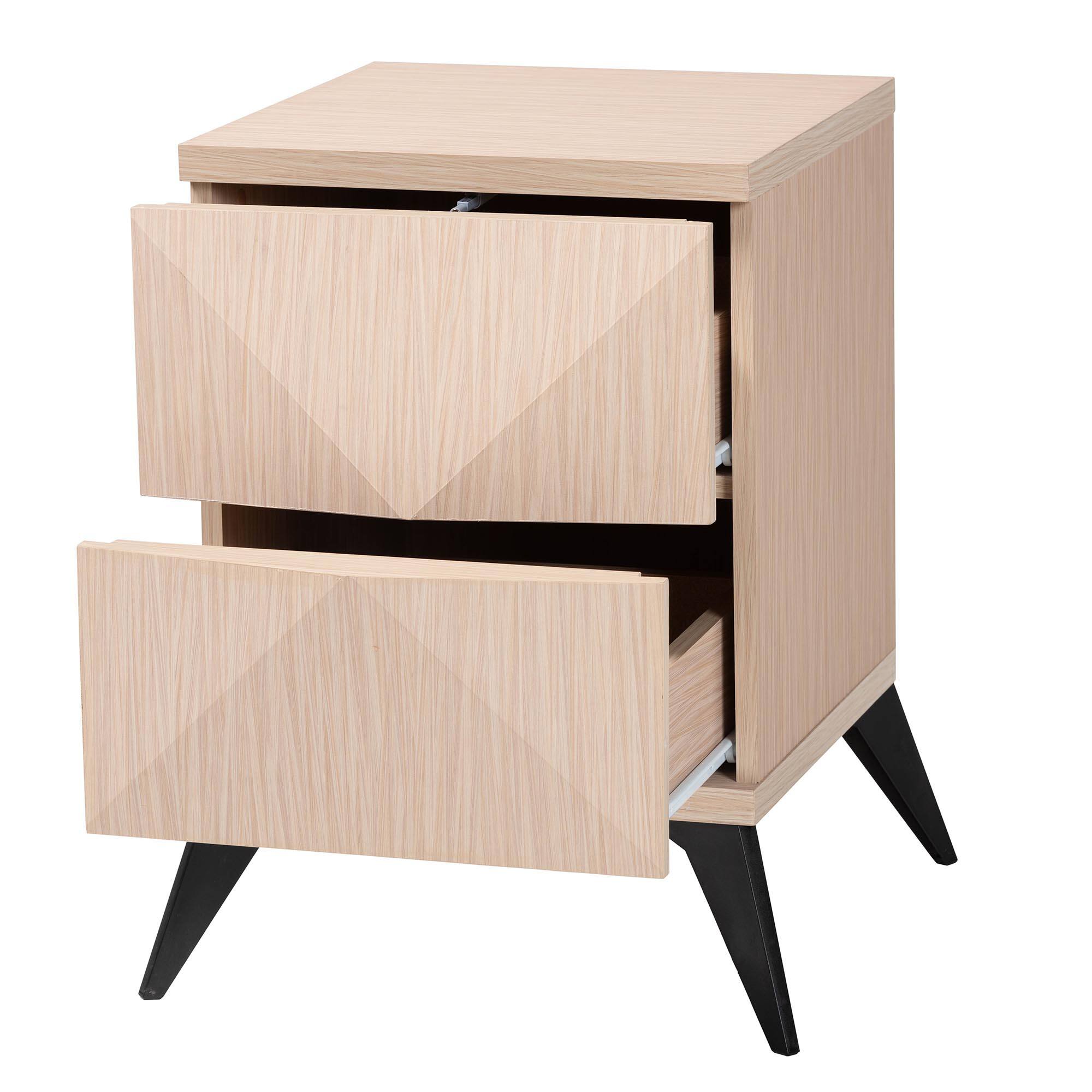 Angle. Baxton Studio - Draper Mid-Century Modern Wood 2-Drawer Nightstand - Light Brown/Dark Brown.