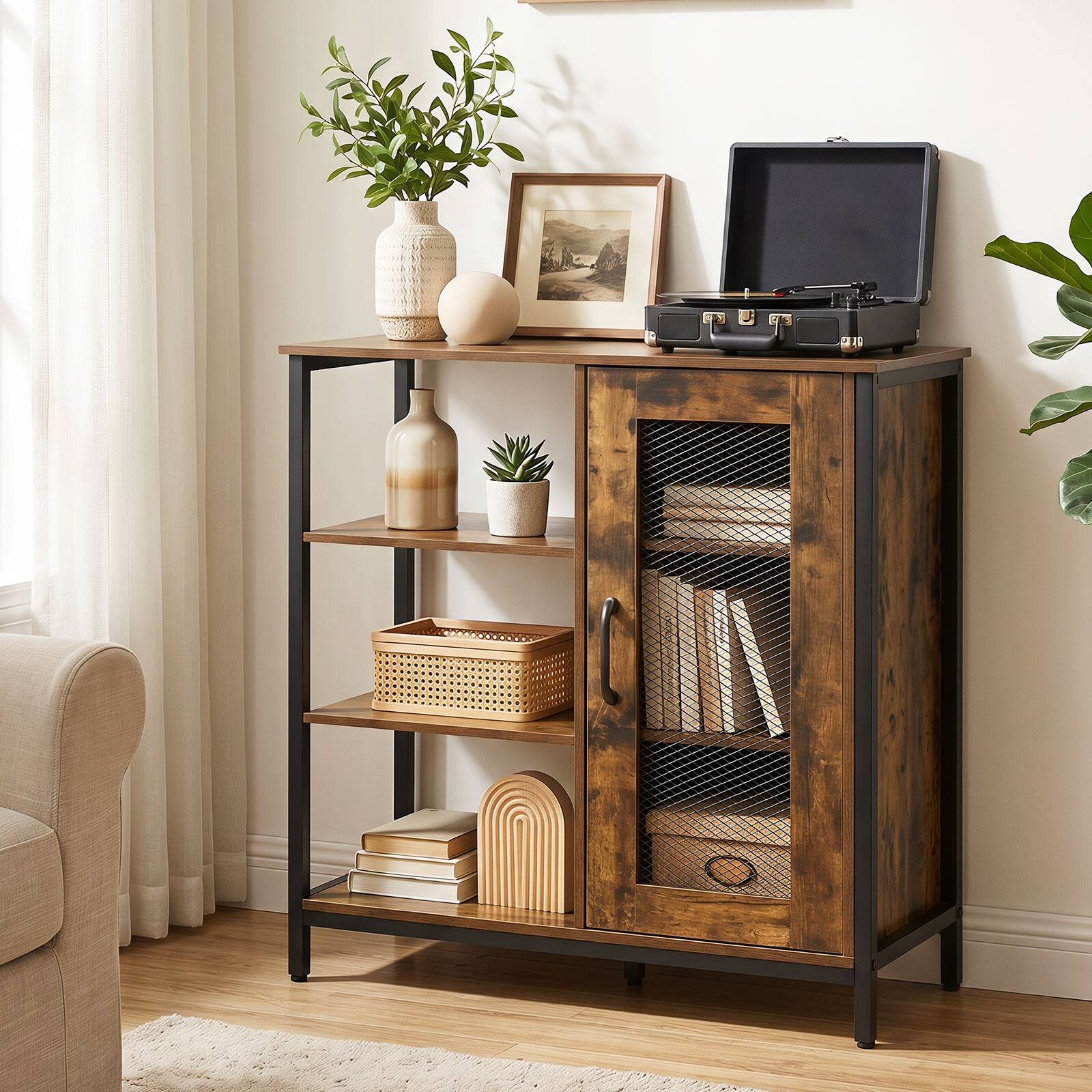 Alt View 4. Costway - Costway Buffet Sideboard Cabinet with 3 Open Shelves 2 Adjustable Shelves Anti-Tipping Kits - Rustic Brown.
