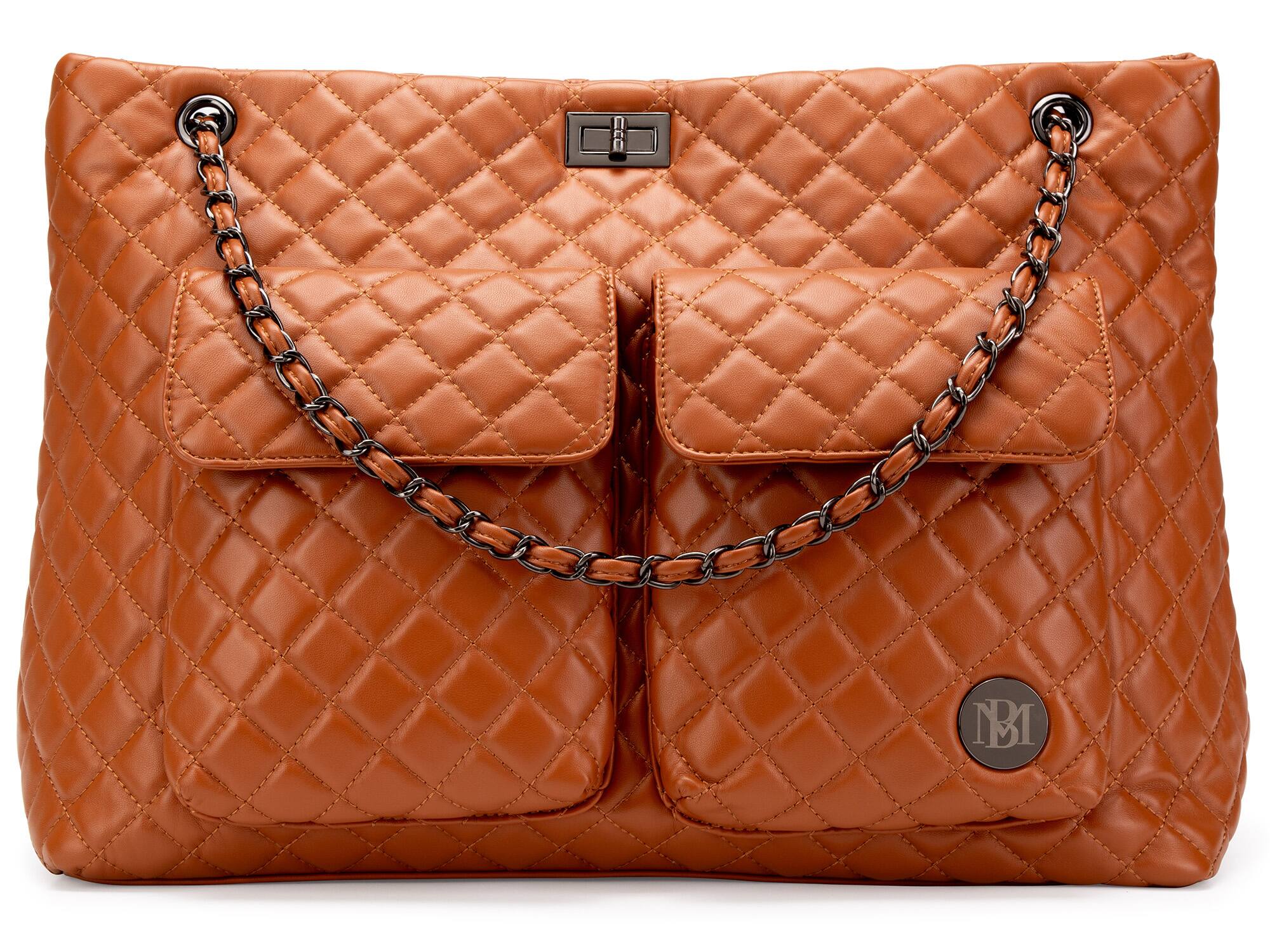 Front. Badgley Mischka - BADGLEY MISCHKA Diana XL Quilted Vegan Leather Travel Weekender Tote Bag | Brown - Brown.