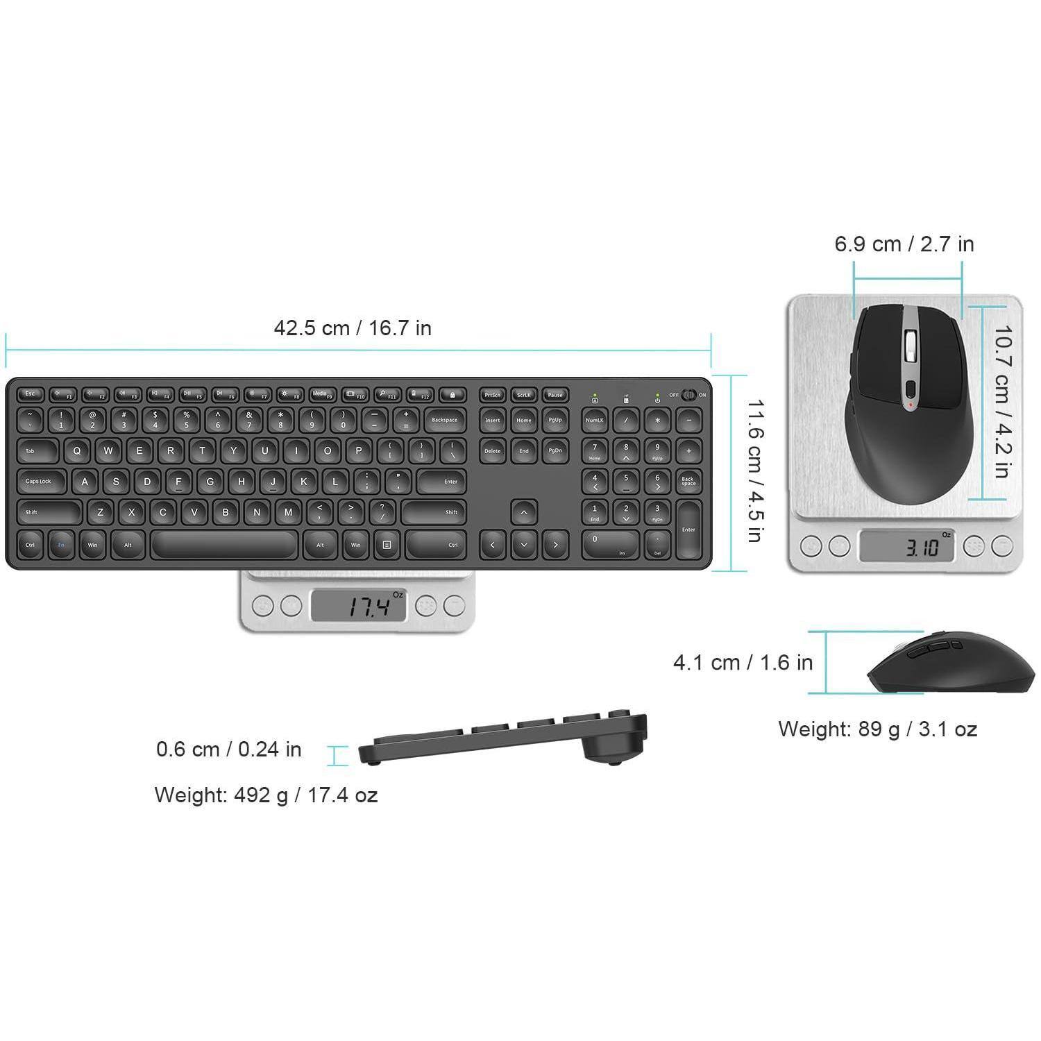 - Keyboard:
  - Length: 42.5 cm / 16.7 in
  - Width: 116 cm / 45.5 in
  - Weight: 492 g / 17.4 oz

- Mouse:
  - Length: 10.7 cm / 4.2 in
  - Width: 6.9 cm / 2.7 in
  - Weight: 89 g / 3.1 oz

- Stand:
  - Height: 4.1 cm / 1.6 in
  - Thickness: 0.6 cm / 0.24 in
