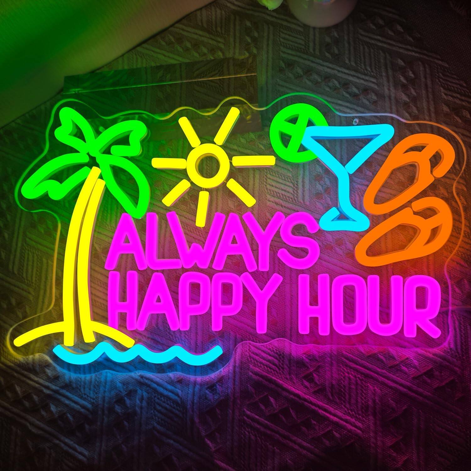 Auledio - Always Happy Hour Neon Sign LED Dimmable Happy Hour Light Neon Signs,bar signs for home bar - Multicolor