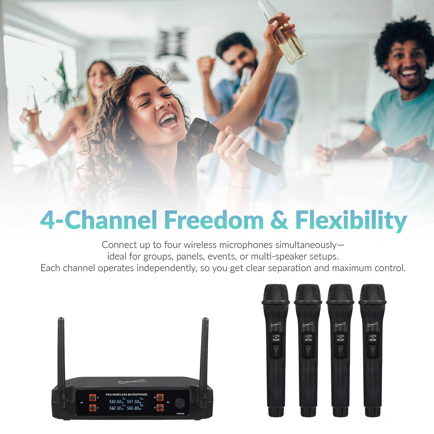 4-Channel Freedom & Flexibility  
Connect up to four wireless microphones simultaneously—ideal for groups, panels, events, or multi-speaker setups. Each channel operates independently, so you get clear separation and maximum control.  

Ced CHO Cd -- - - CEANO . ..COS MCOP - 532.60m 551.50 562.30m $65.80 - -