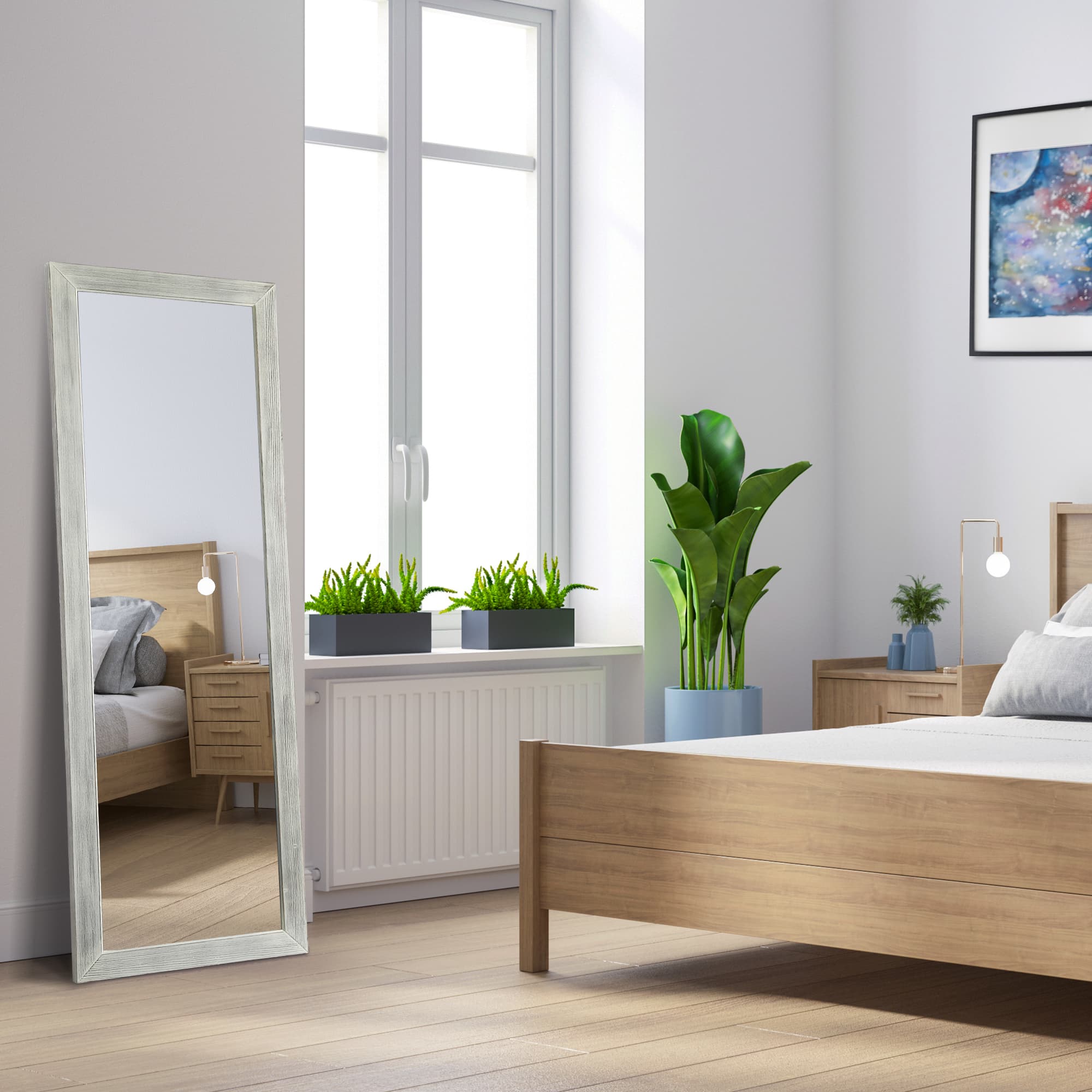 PexFix - 65"x22" Full Length Mirror Floor Mirror with Stand Wall-Mounted Mirror Explosion-Proof HD Mirror with Rustic Wood Frame - White