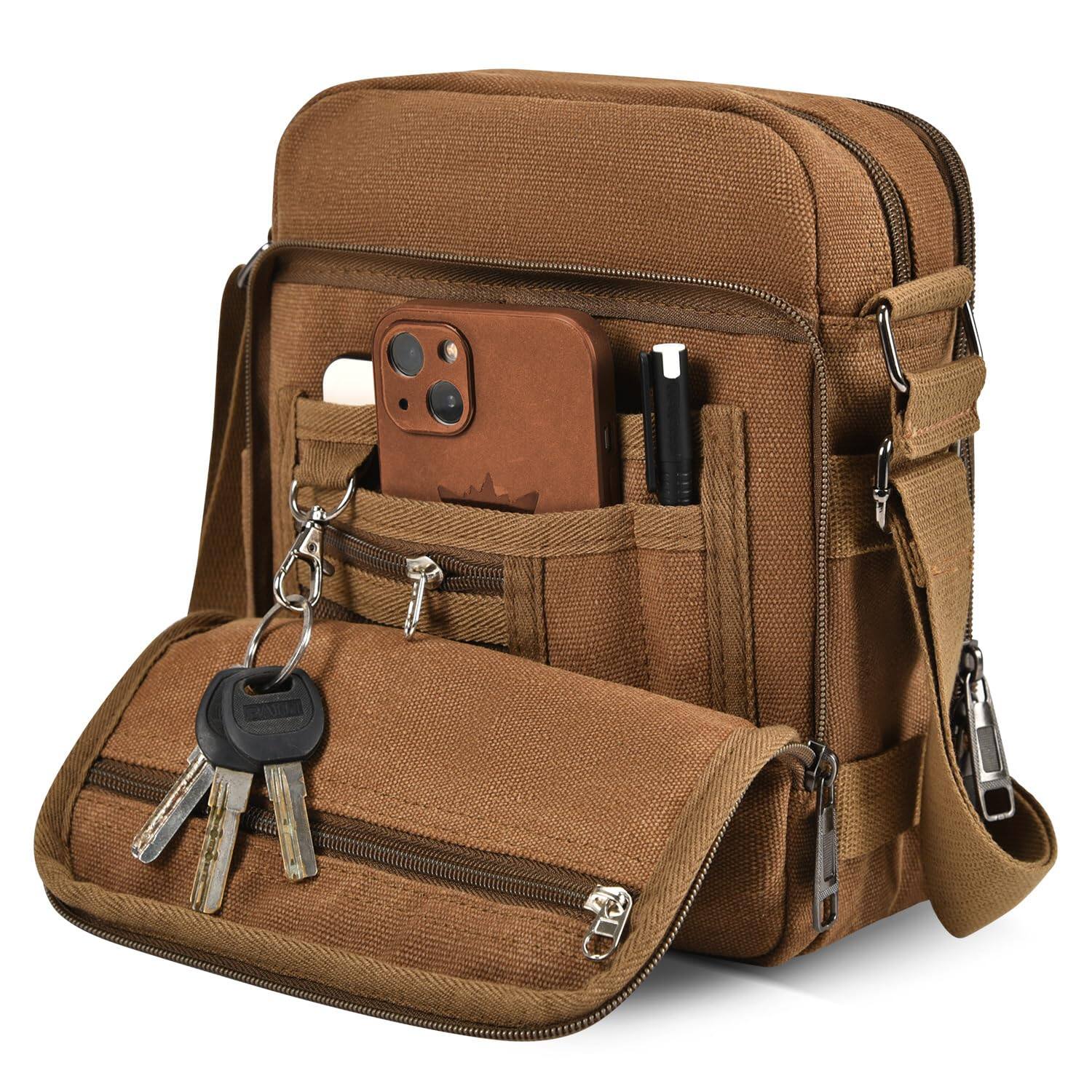 Skar Audio - Small Messenger Bag For Men Women Vintage Canvas Shoulder Travel Crossbody Multi Pocket Purses MaterialThe - Coffee (Medium)