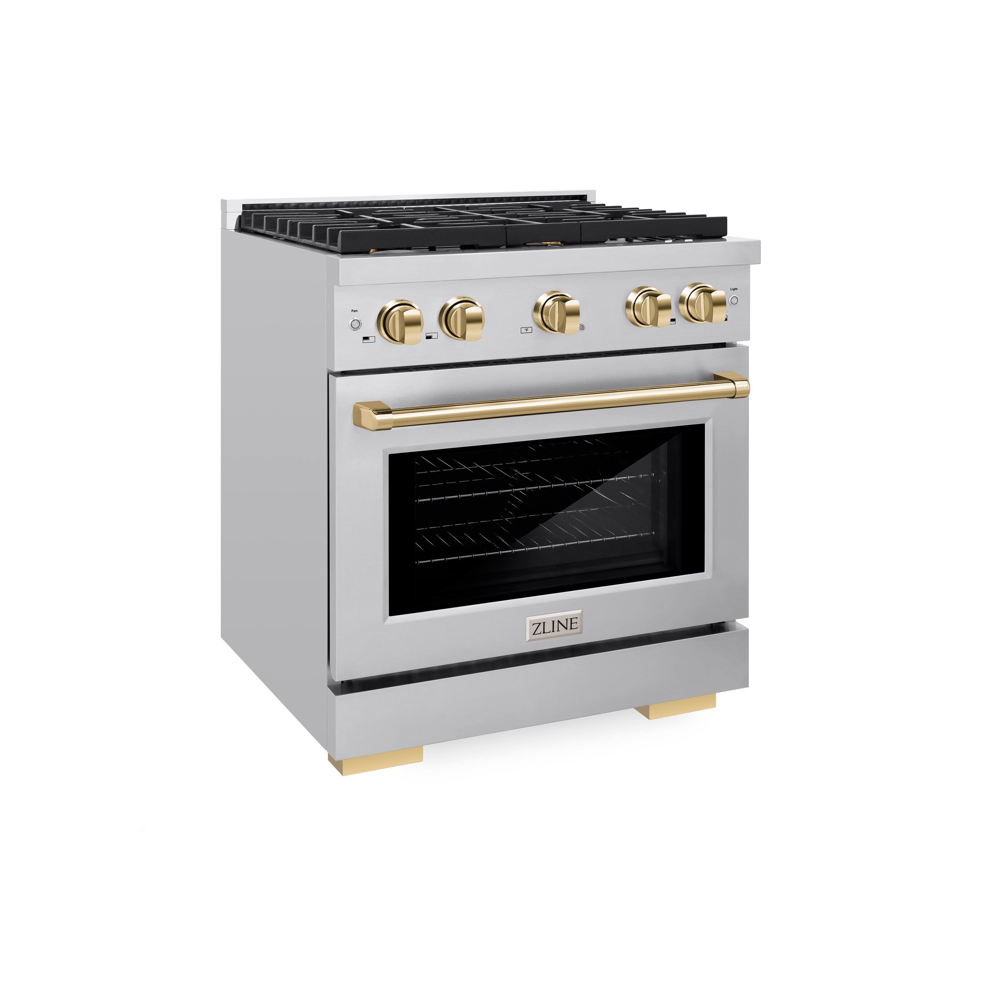 Left. ZLINE - ZLINE Autograph 30" Paramount Dual Fuel Range w/ 4 Burners & Polished Gold Accents (SDRZ-30-G) - Stainless Steel.