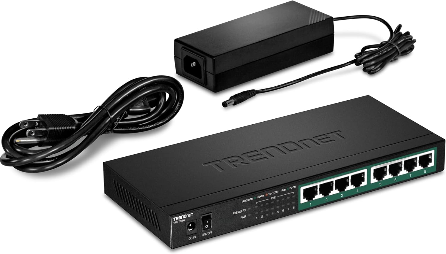 TRENDNET  
TRENDNET TPE-T084  
8 PORT 10/100M SWITCH  
POE PWR  
ALERT  
DC IN  
ON/OFF  
1 2 3 4 5 6 7 8