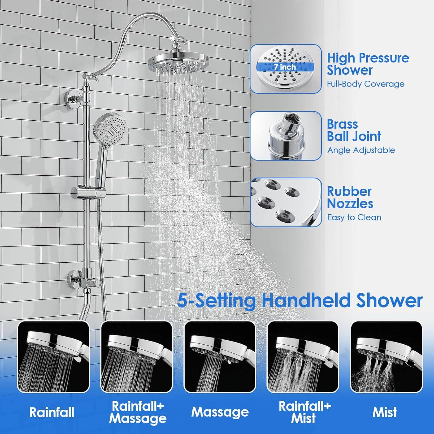 7 inch High Pressure Shower Full-Body Coverage Brass Ball Joint Angle Adjustable Rubber Nozzles Easy to Clean 5-Setting Handheld Shower Rainfall Rainfall+ Massage Mist