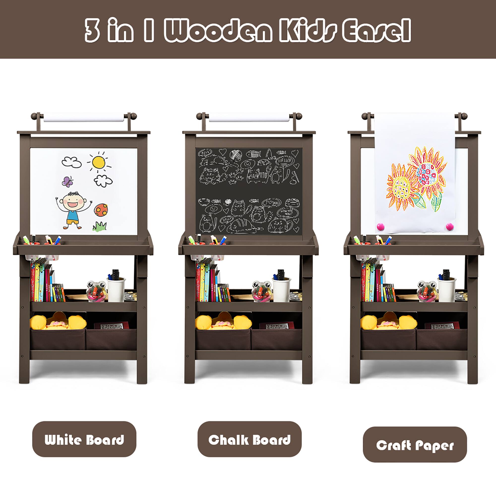 3 in 1 Wooden Kids Easel: White Board, Chalk Board, Craft Paper