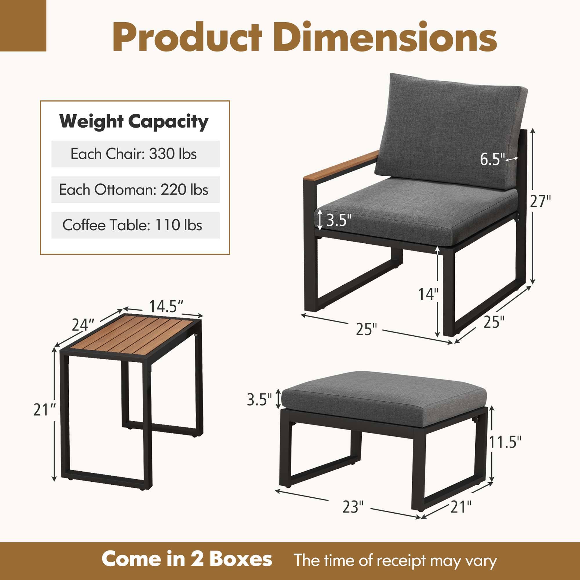 Product Dimensions:
- Weight Capacity: Each Chair: 330 lbs
- Each Ottoman: 220 lbs
- Coffee Table: 110 lbs
- Size: 27" x 24" x 14.5"
- Size: 25" x 14" x 25"
- Size: 25" x 14" x 21"
- Size: 3.5" x 11.5" x 23"
- Size: 21" x 21" x 3.5"
- Size: 11.5" x 21" x 21"
- Size: 21" x 21" x 21"
- Size: 3.5" x 11.5" x 23"
- Size: 11.5" x 23" x 21"
- Size: 27" x 24" x 14.5"
- Size: 25" x 14" x 25"
- Size: 25" x 14" x 21"
- Size: 3.5" x 11.5" x 23"
- Size: 11.5" x 21" x 21"
- Size: 21" x 21" x 3.5"
- Size: 14" x 25" x 25"
- Size: 25" x 21" x 21"
- Size: 21" x 21" x 3.5"
- Size: 11.5" x 23" x 21"
- Size: 27" x 24" x 14.5"
- Size: 25" x 14" x 25"
- Size: 25" x 14" x 21"
- Size: 3.5" x 11.5" x 23"
- Size: 11.5" x 21" x 21"
- Size: