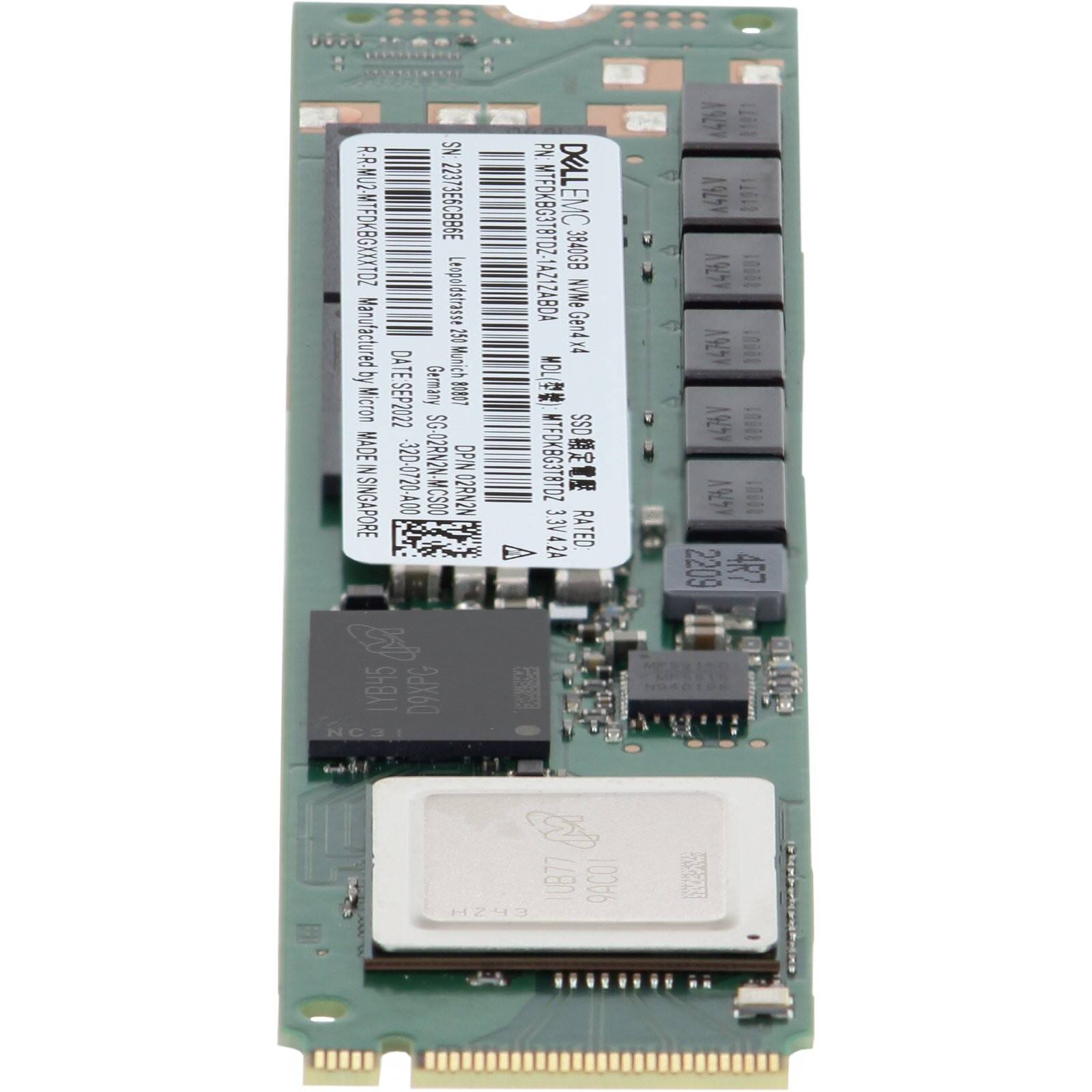 SN: R-R-MU2-MTFDKBGXXXTDZ  
22373E6CBB6E  
Lespoldstrasse  
Manufactured: DAT Munich 2 by Micron ATESEP2022  
Germany  
LOB MADE DPIN MADEINSINGAPORE  
= 32D-0720-400  
SG-02RN2N-MCSO0  
IN 02RN2  
S YB45  
D9XPG  
NC31  
PN: DELLEMC  
MTFDKBG3T8TDZ-1AZ1ZABDA  
3840G8  
NVMe Gen A  
MTFDKBG3T8TDZ SSD  
3.3V  
42  
42A  
RATED: A  
I 47V  
476V  
81971  
47V  
1iil  
476V  
1iil  
A  
1ill  
A  
1iil  
2209  
4R7  
1UB77  
9ACO  
HZ43