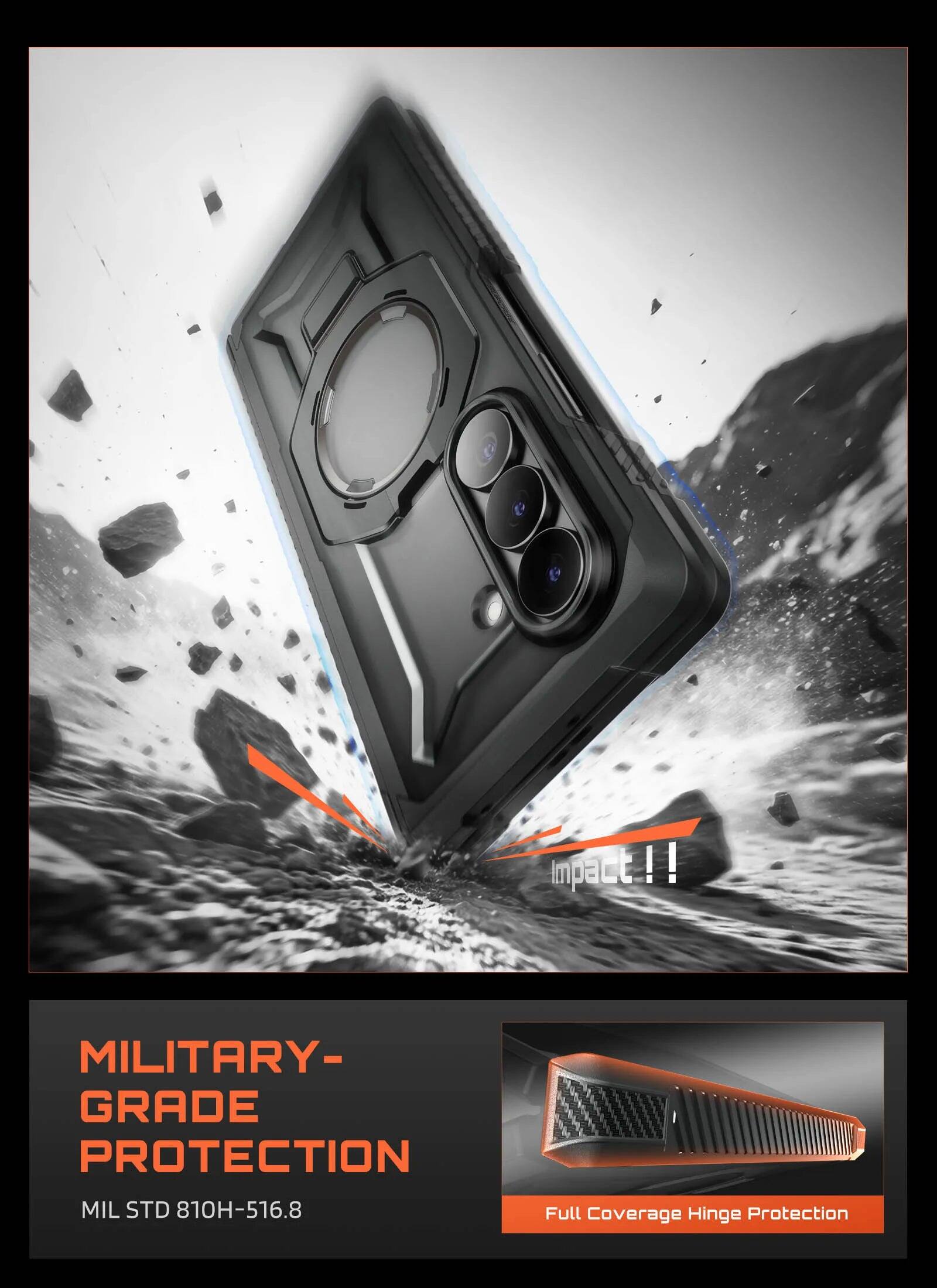 Impact!! MILITARY-GRADE PROTECTION MIL STD 810H-516.8 Full Coverage Hinge Protection