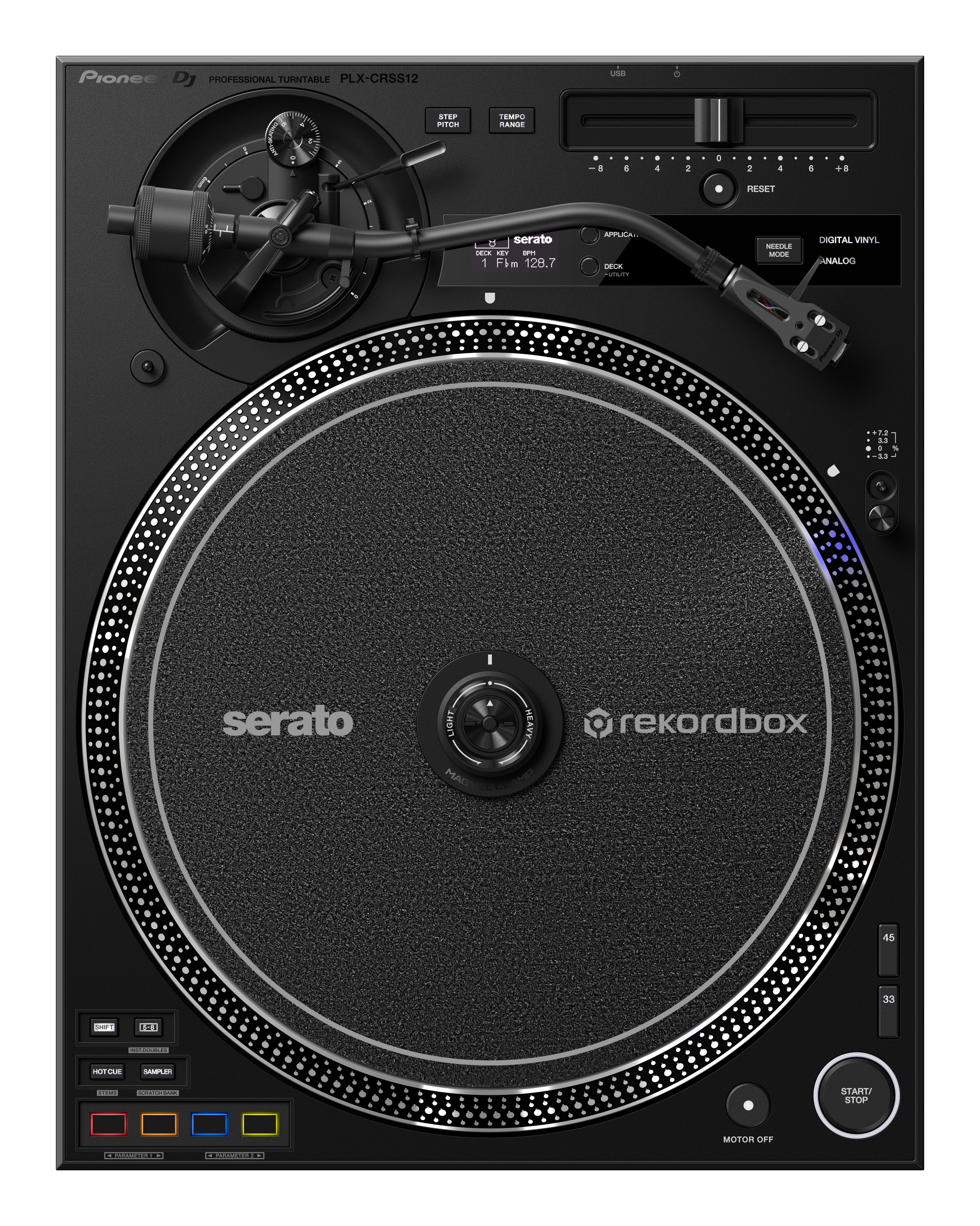 Pioneer DJ PROFESSIONAL TURNTABLE PLX-CRSS12

- STEP PITCH
- TEMPO RANGE
- RESET
- Serato KEY BPM 128.7
- APPLICA...
- NEEDLE MODE
- DIGITAL VINYL ANALOG
- serato
- rekordbox
- START/STOP
- MOTOR OFF