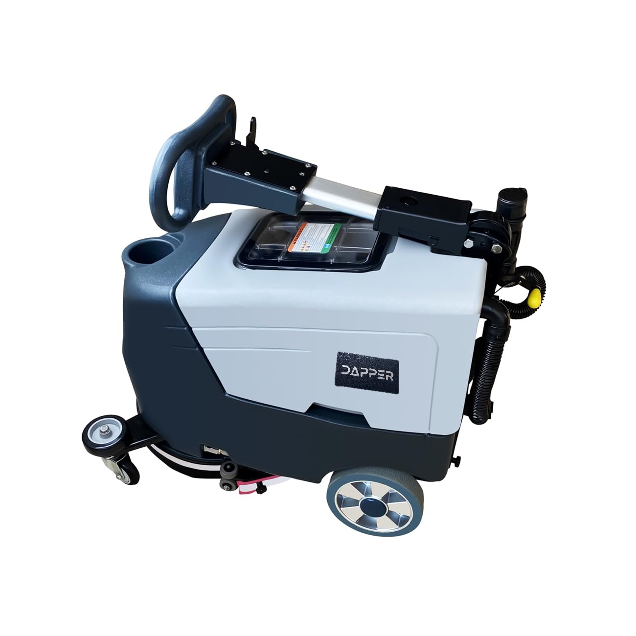 Back. Dapper Supply - Battery Powered Scrubber Machine 16 Inch Brush 21.5 Inch Squeegee 6.5 Gallon Tank 200 RPM 3 Pads - Grey.