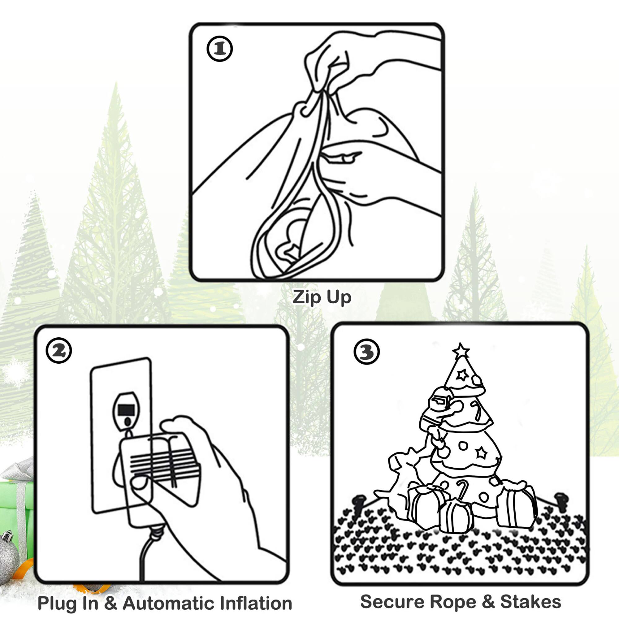 1. Zip Up
2. Plug In & Automatic Inflation
3. Secure Rope & Stakes