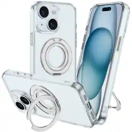 Alpha Digital - Full Protective iPhone 15 Case w/ Magnetic Rotatable Ring Stand- Soft Flex, Anti-Drop/Fingerprint -360 shockproof - Clear