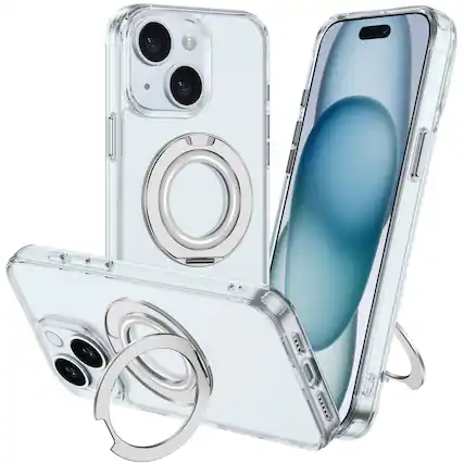 Front. Alpha Digital - Full Protective iPhone 15 PLUS Case w/ Magnetic Rotatable Ring Stand- Soft Flex, Anti-Drop/Fingerprint -360 shockproof - CLEAR.