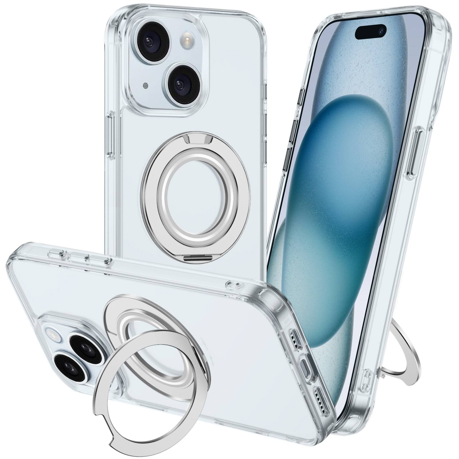 Front. Alpha Digital - Full Protective iPhone 15 Case w/ Magnetic Rotatable Ring Stand- Soft Flex, Anti-Drop/Fingerprint -360 shockproof - CLEAR.