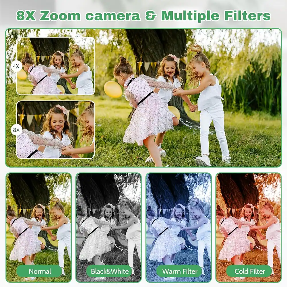8X Zoom camera & Multiple Filters

4X  
8X

Normal  
Black&White  
Warm Filter  
Cold Filter