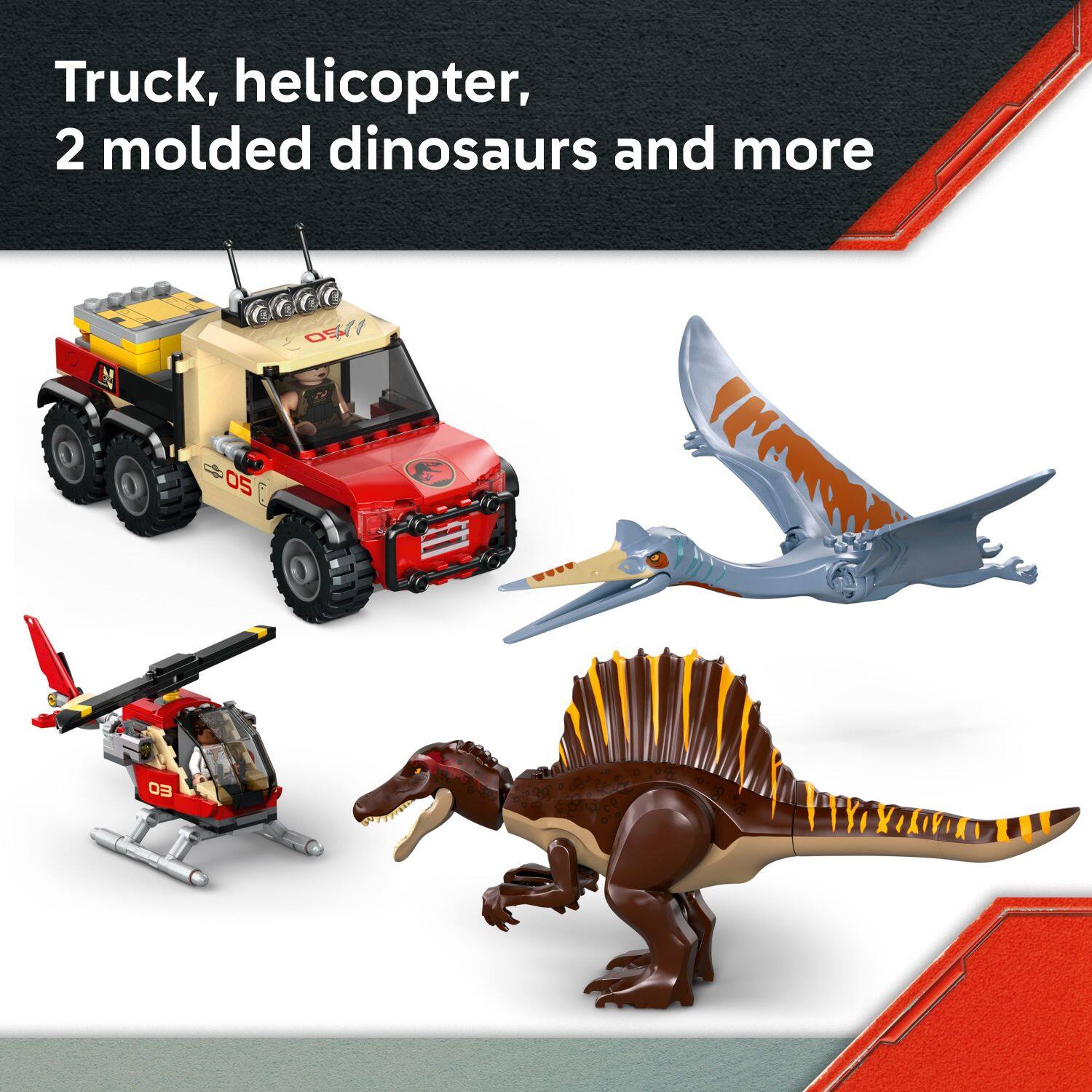 Truck, helicopter, 2 molded dinosaurs and more.