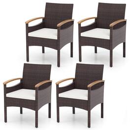 Gymax - 4 PCS Dining Chairs w/ Acacia Wood Armrest Heavy Duty Metal Frame Patio - Mix Brown, Off White