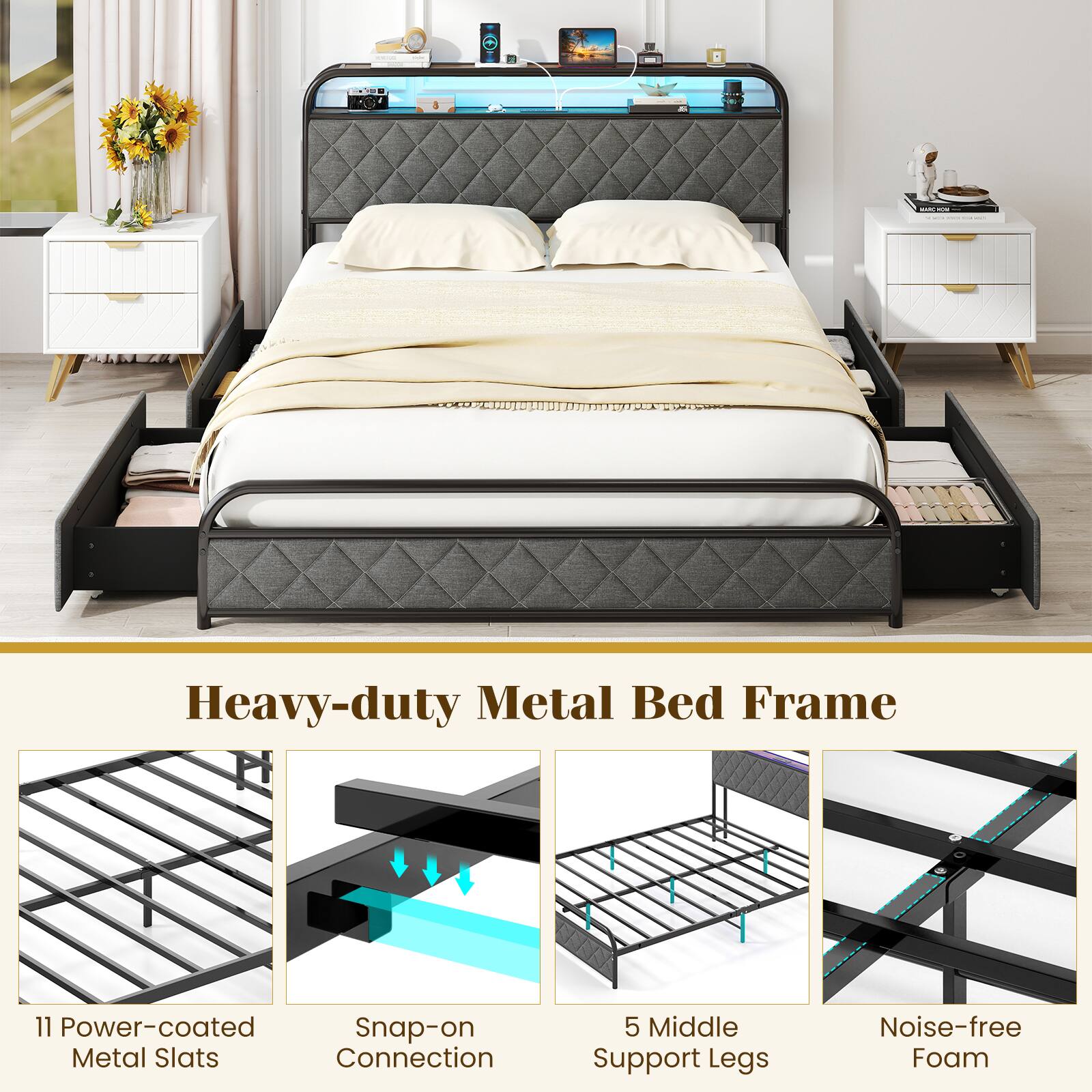 Heavy-duty Metal Bed Frame

11 Power-coated Metal Slats
Snap-on Connection
5 Middle Support Legs
Noise-free Foam
