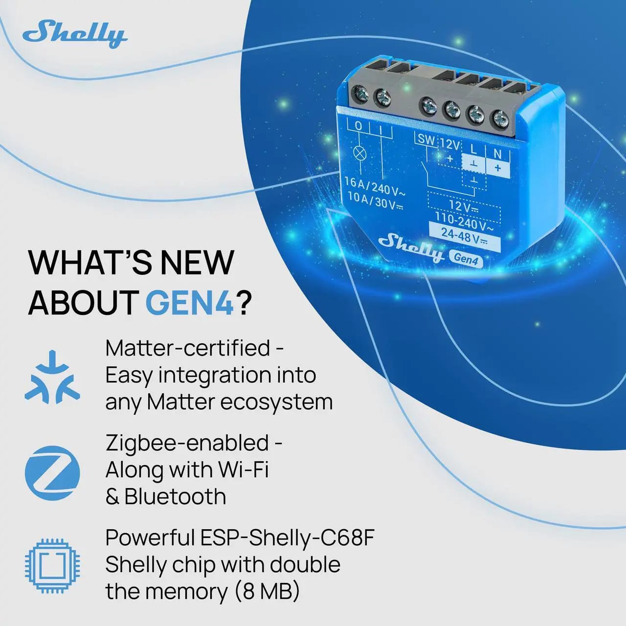Shelly 1 Gen4 | 16A Dry Contact Smart Relay (Wi Fi, Matter